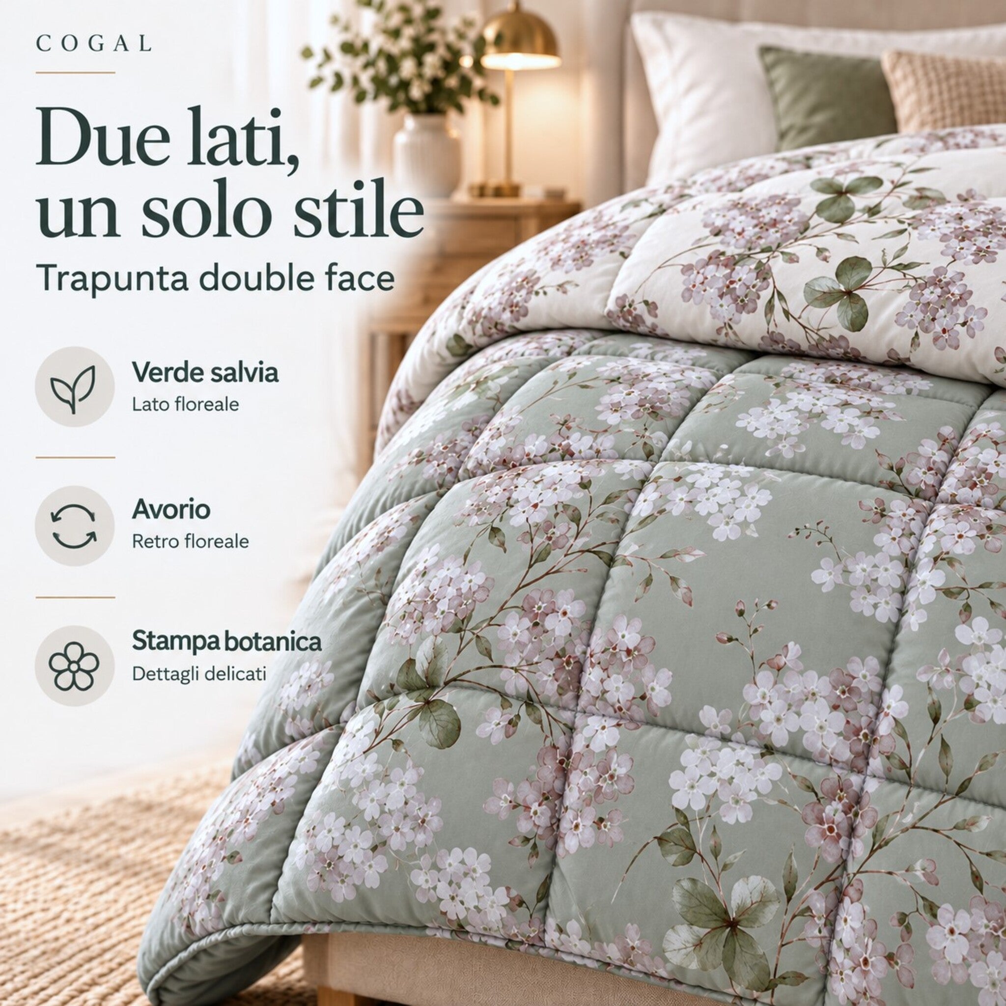 Dettaglio della trapunta Cogal 2620 con lato verde floreale e retro avorio botanico, accompagnato dalle indicazioni double face.