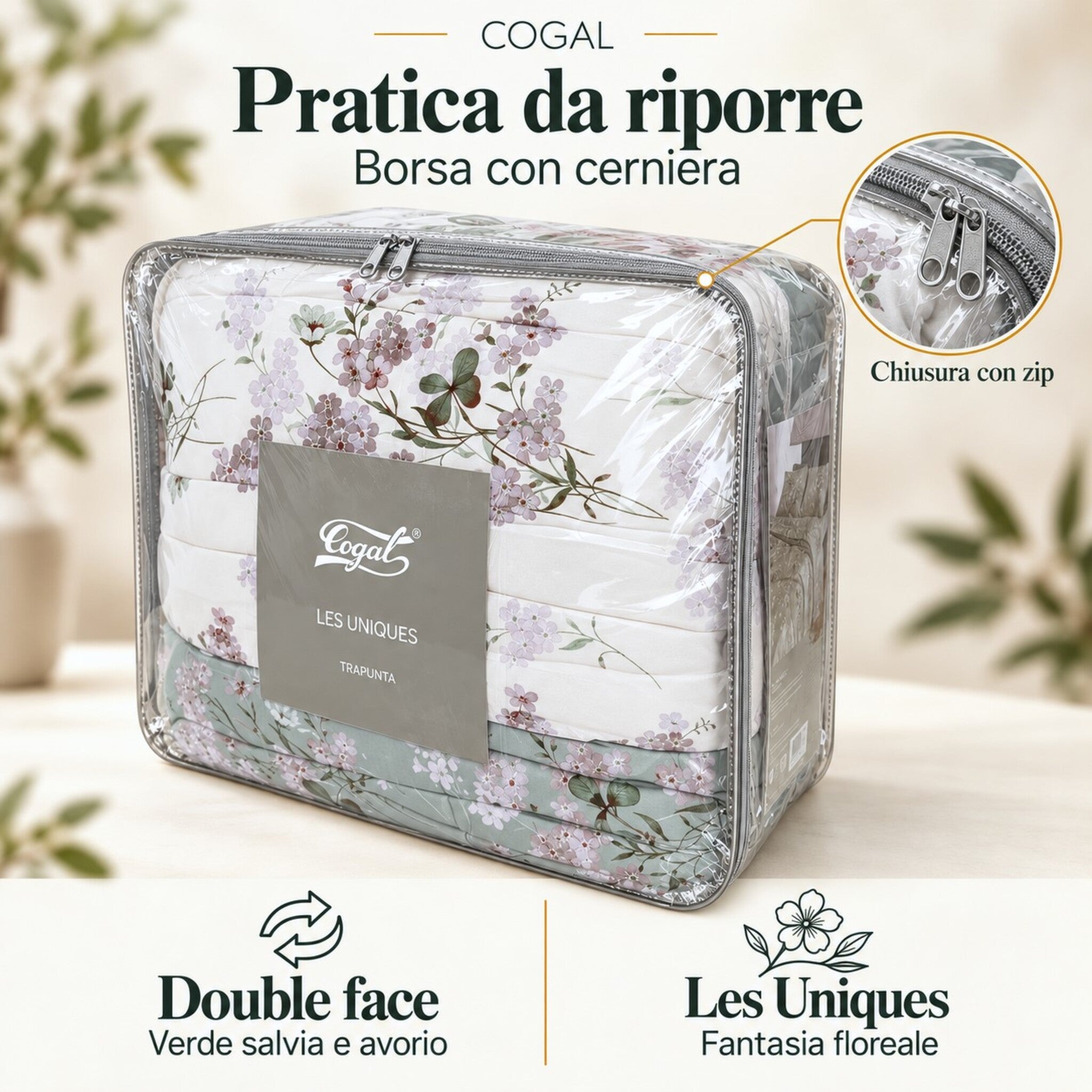 Trapunta Cogal verde e avorio nella borsa trasparente, con etichetta Les Uniques e ingrandimento della cerniera.