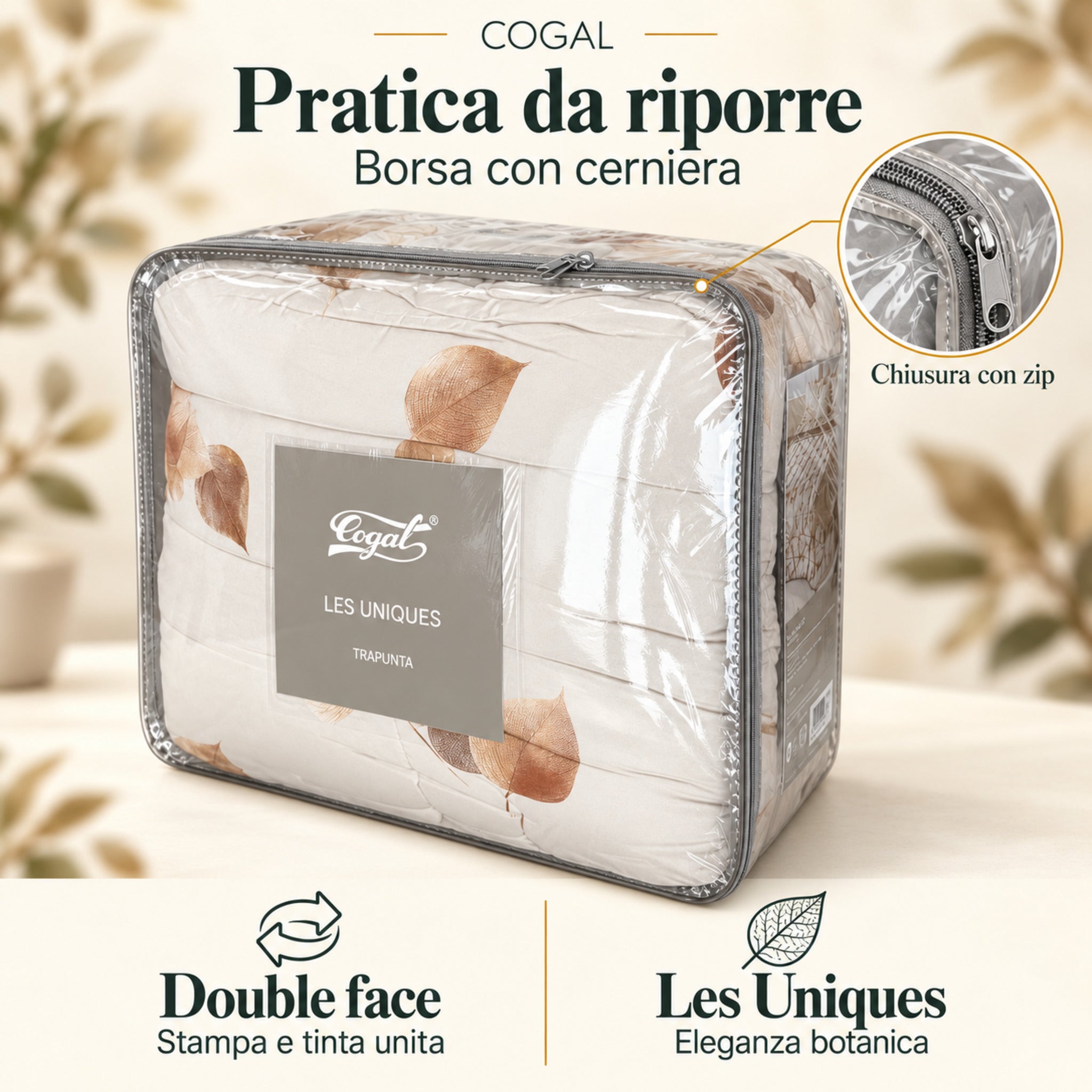 Trapunta Cogal 2622 Cognac nella borsa trasparente con etichetta Les Uniques e ingrandimento della cerniera.