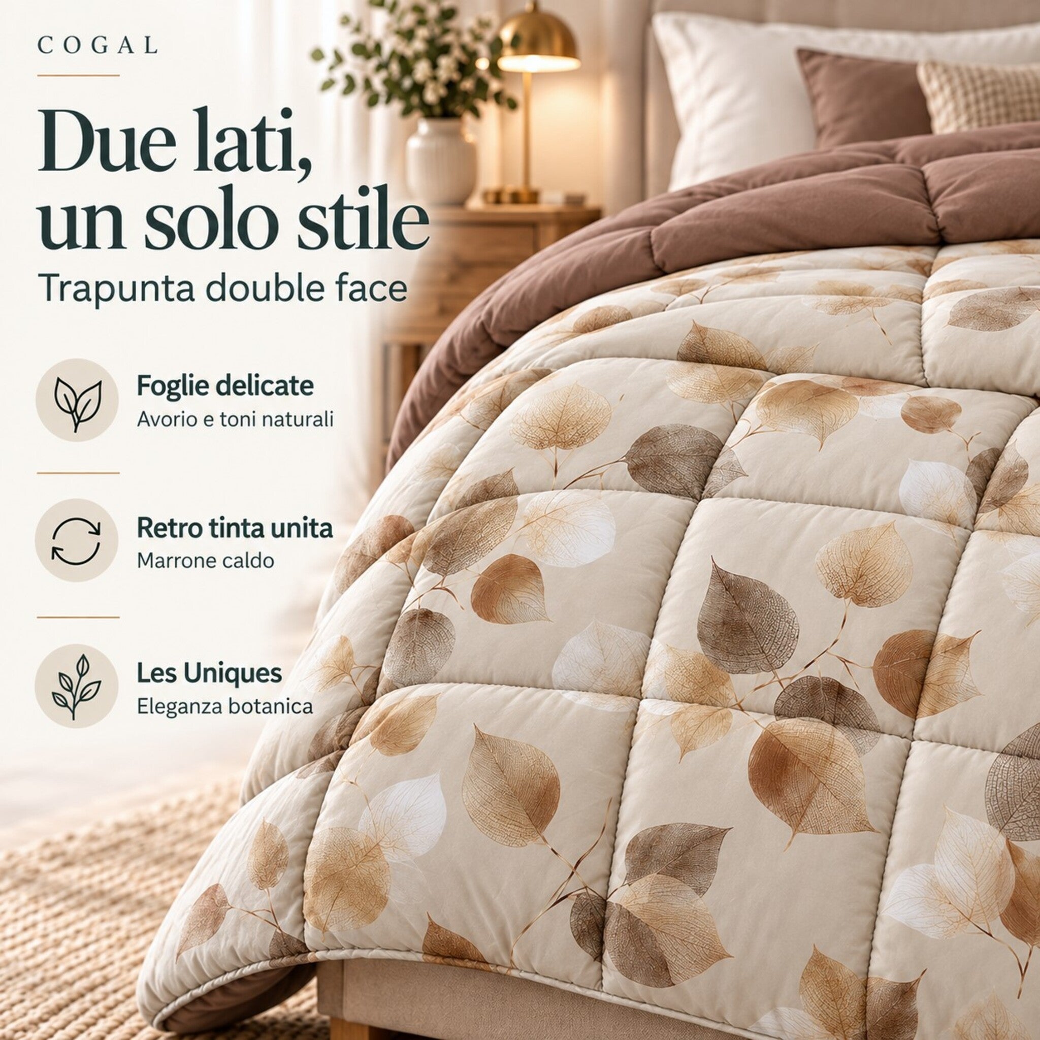 Dettaglio della trapunta Cogal 2622 Cognac con foglie dalle venature sottili e retro marrone tinta unita coordinata.