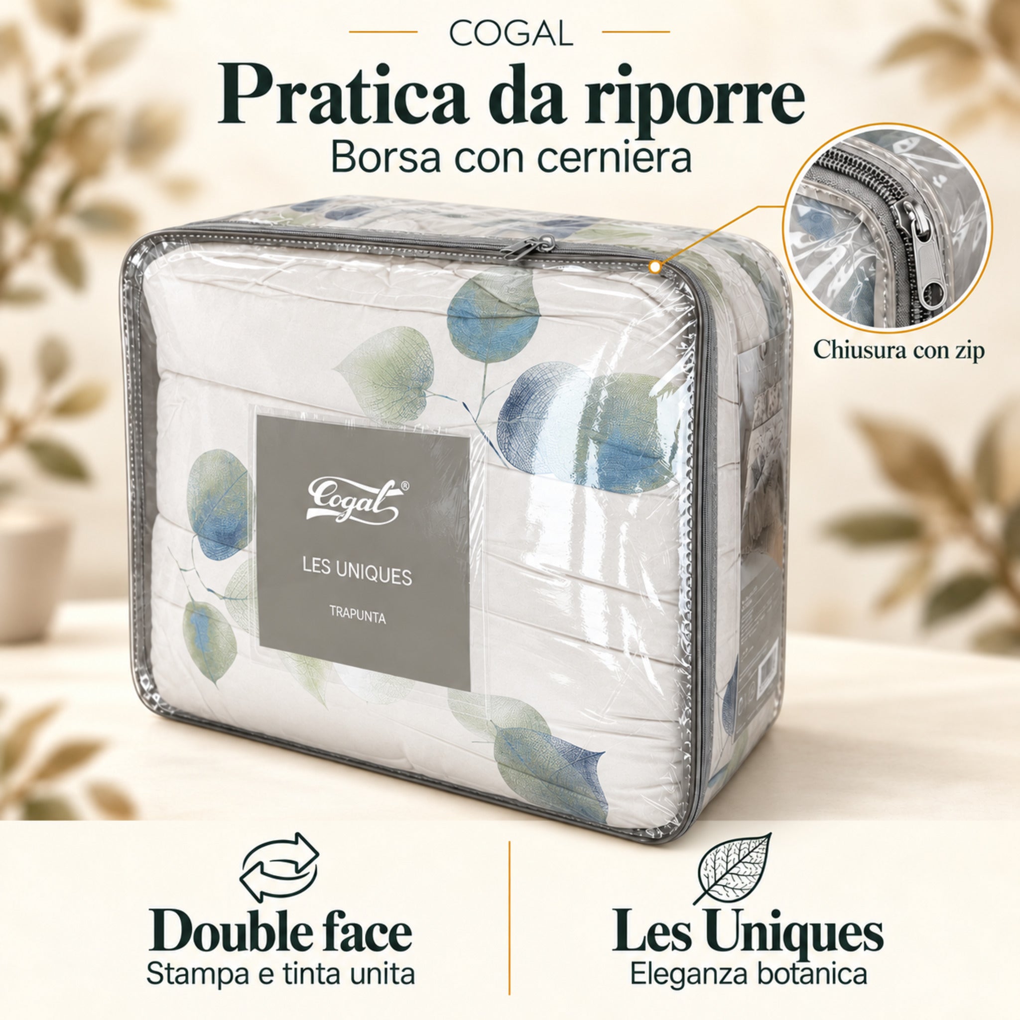 Trapunta Cogal 2622 Metal Blue confezionata nella borsa trasparente con cerniera, cartellino Les Uniques e dettaglio della zip.