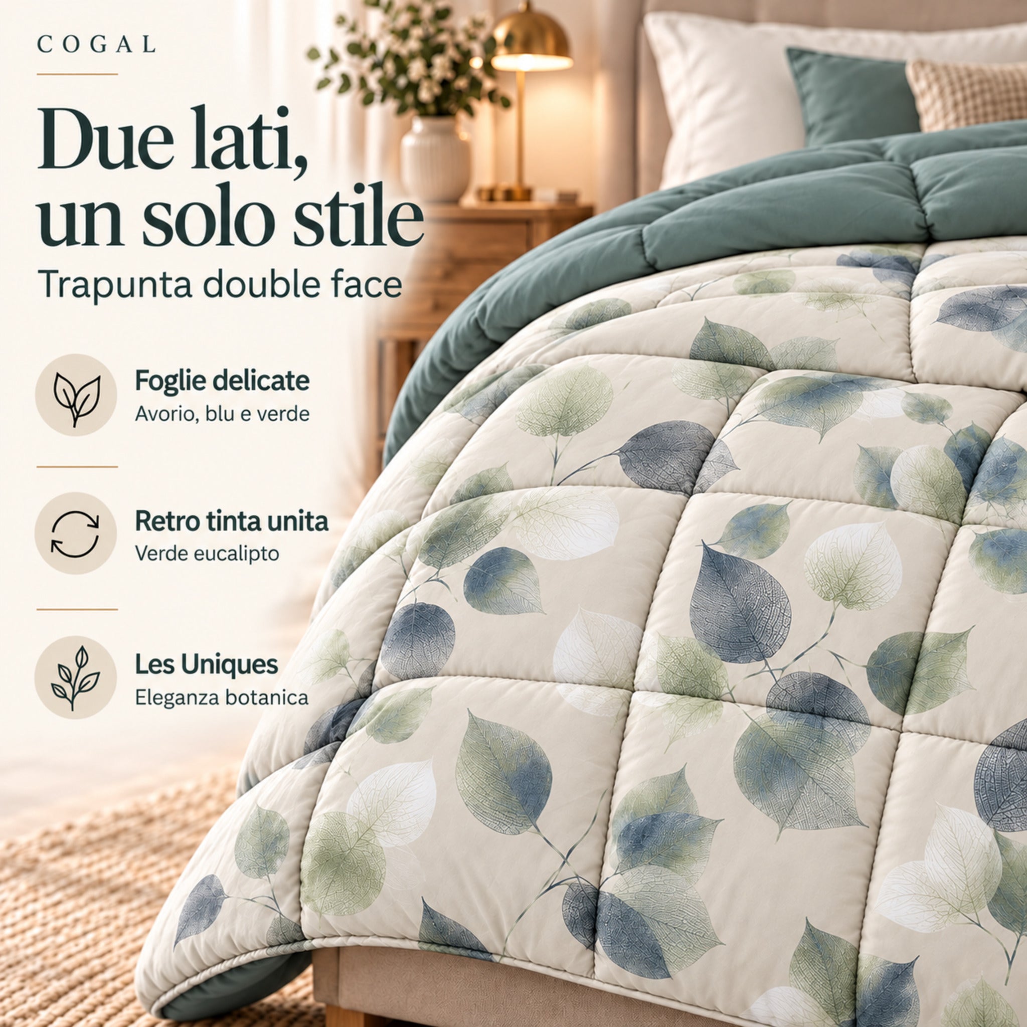 Dettaglio della trapunta Cogal 2622 Metal Blue con stampa di foglie blu e verdi e retro verde coordinato.