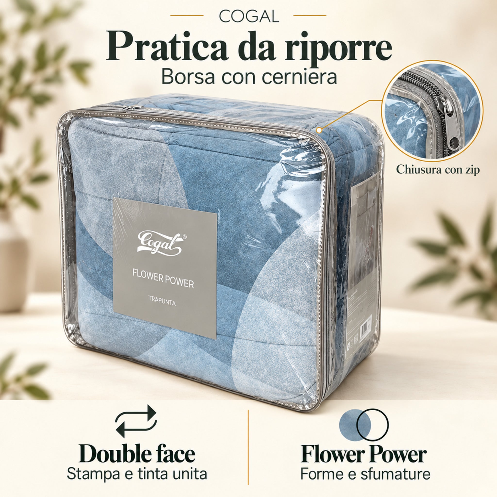 Trapunta Cogal 2669 Metal Blue nella borsa trasparente con cerniera, etichetta Flower Power e ingrandimento della chiusura zip.