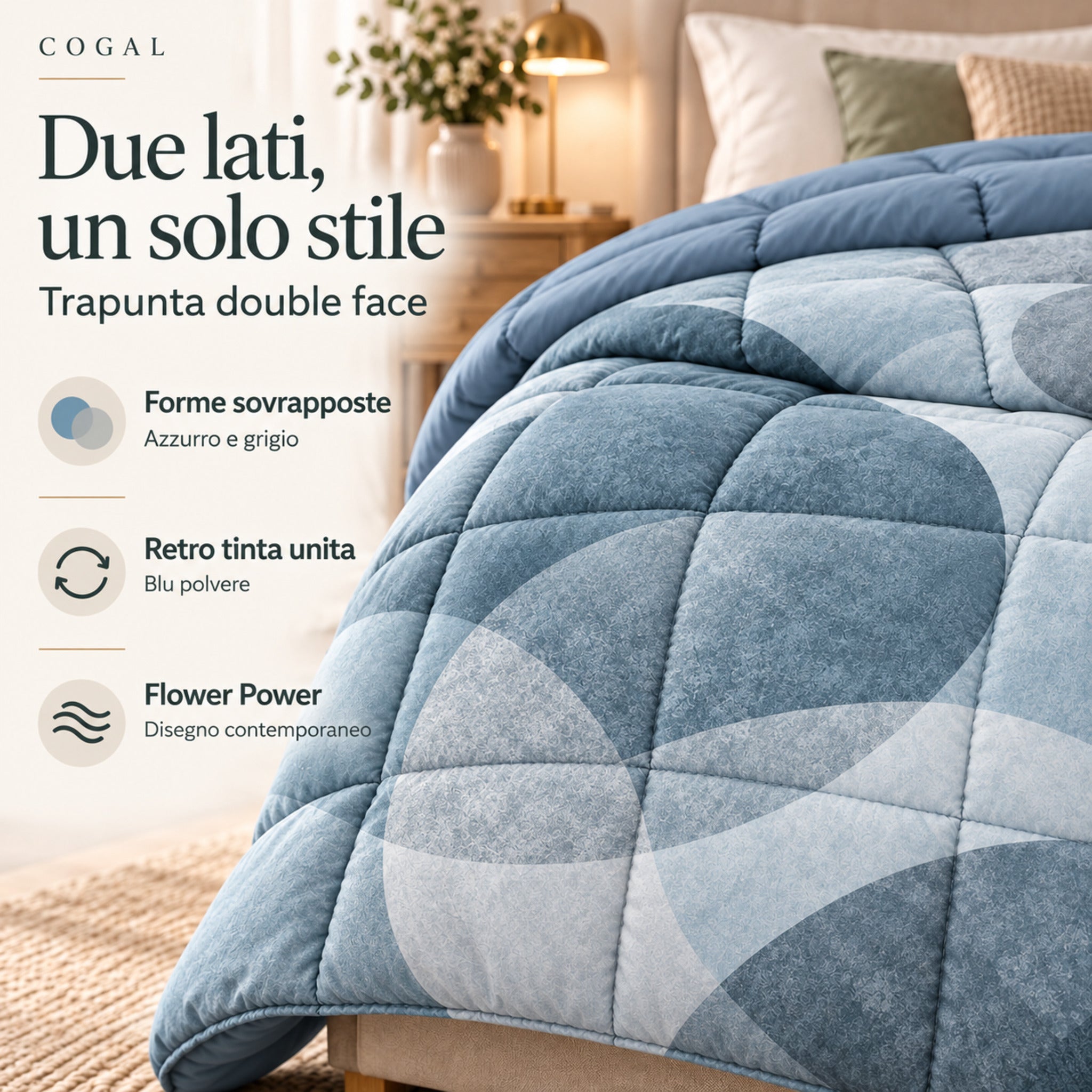 Dettaglio della trapunta Cogal 2669 Metal Blue con forme sovrapposte, retro blu tinta unita e indicazioni sul design double face.