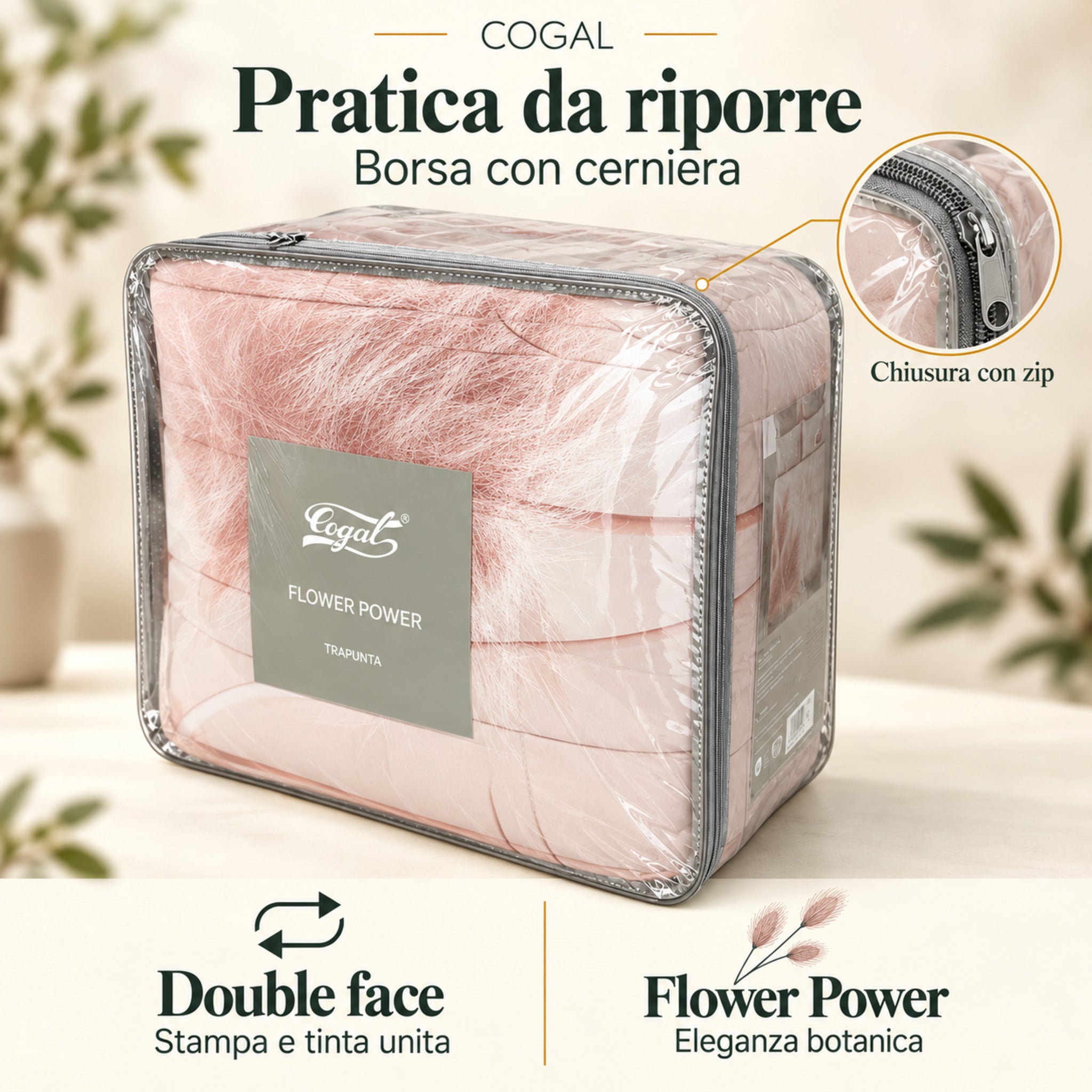 Trapunta Cogal 2670 Albicocca nella borsa trasparente con etichetta Flower Power e ingrandimento della chiusura con cerniera.