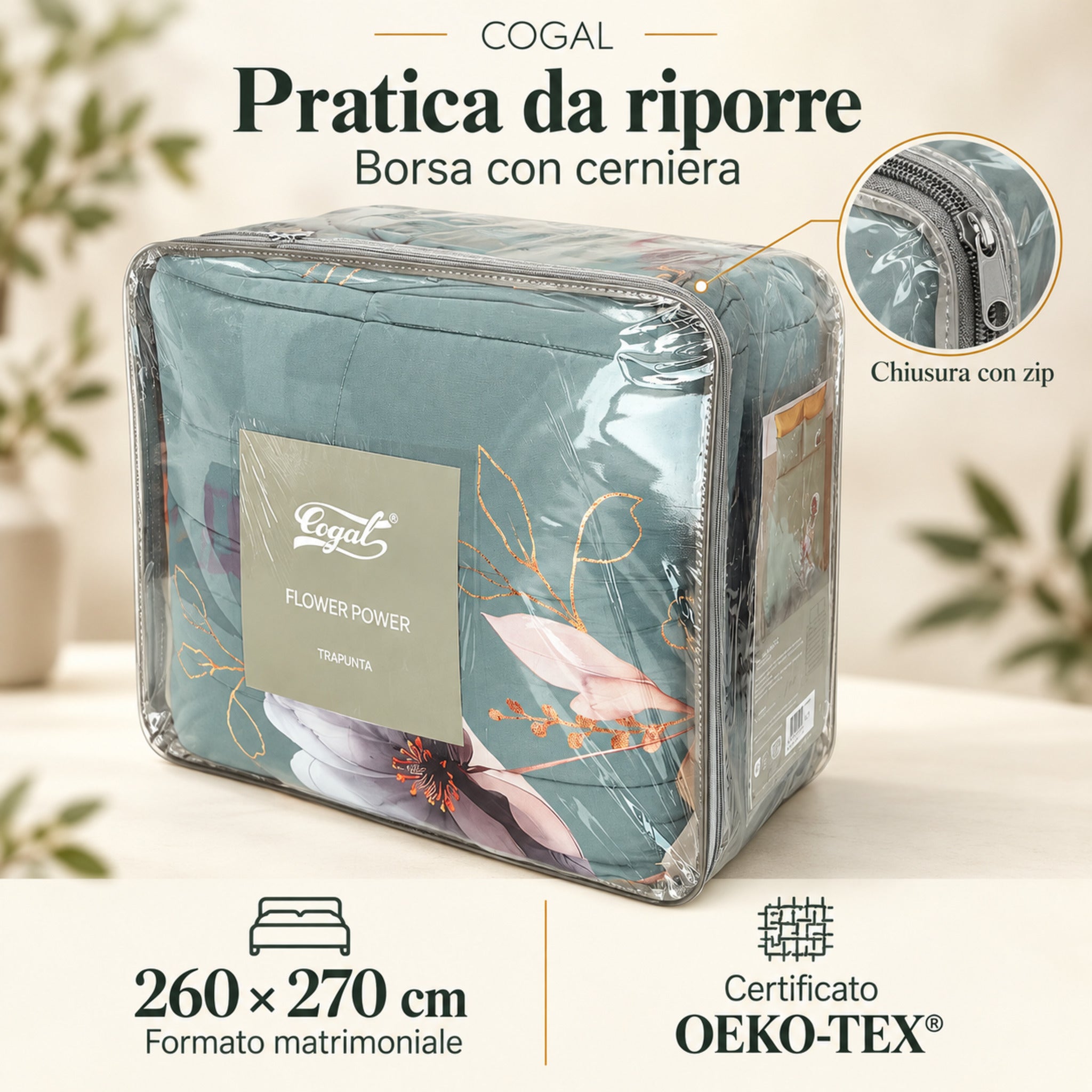 Trapunta Cogal verde nella borsa trasparente con cerniera, con dettaglio della zip, misura 260×270 cm e dicitura OEKO-TEX.