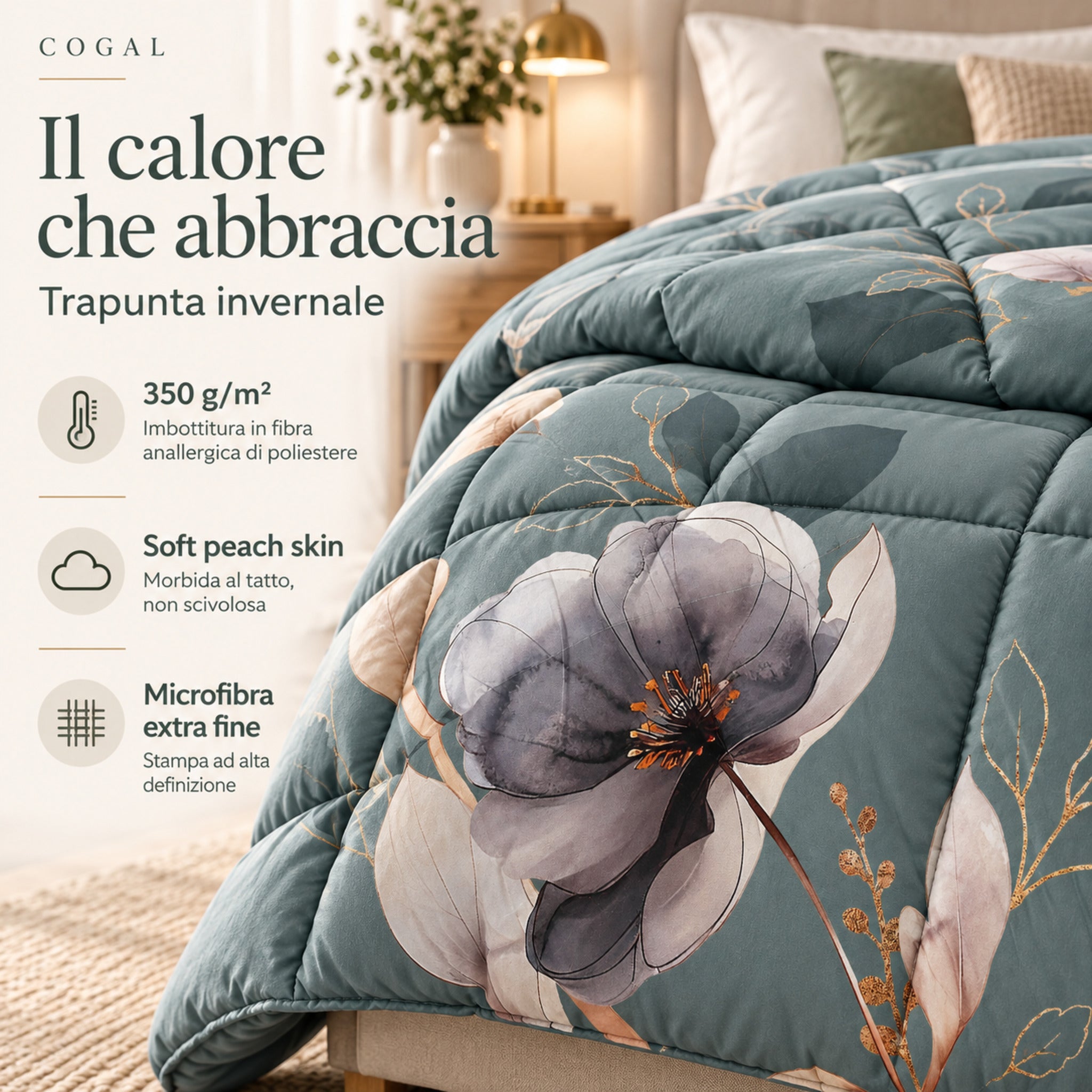 Dettaglio floreale della trapunta Cogal verde con indicazioni su imbottitura 350 g/m², trattamento peach skin e microfibra extra fine.