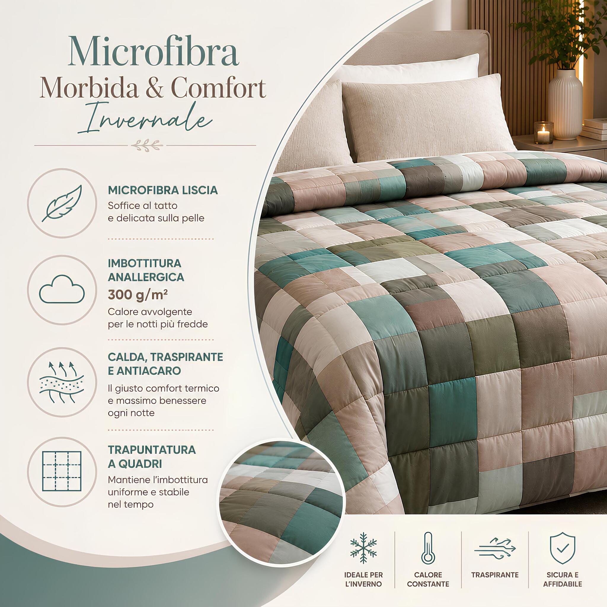 Trapunta matrimoniale Fancy Home Corvara 3 in microfibra con imbottitura calda, antiacaro e traspirante