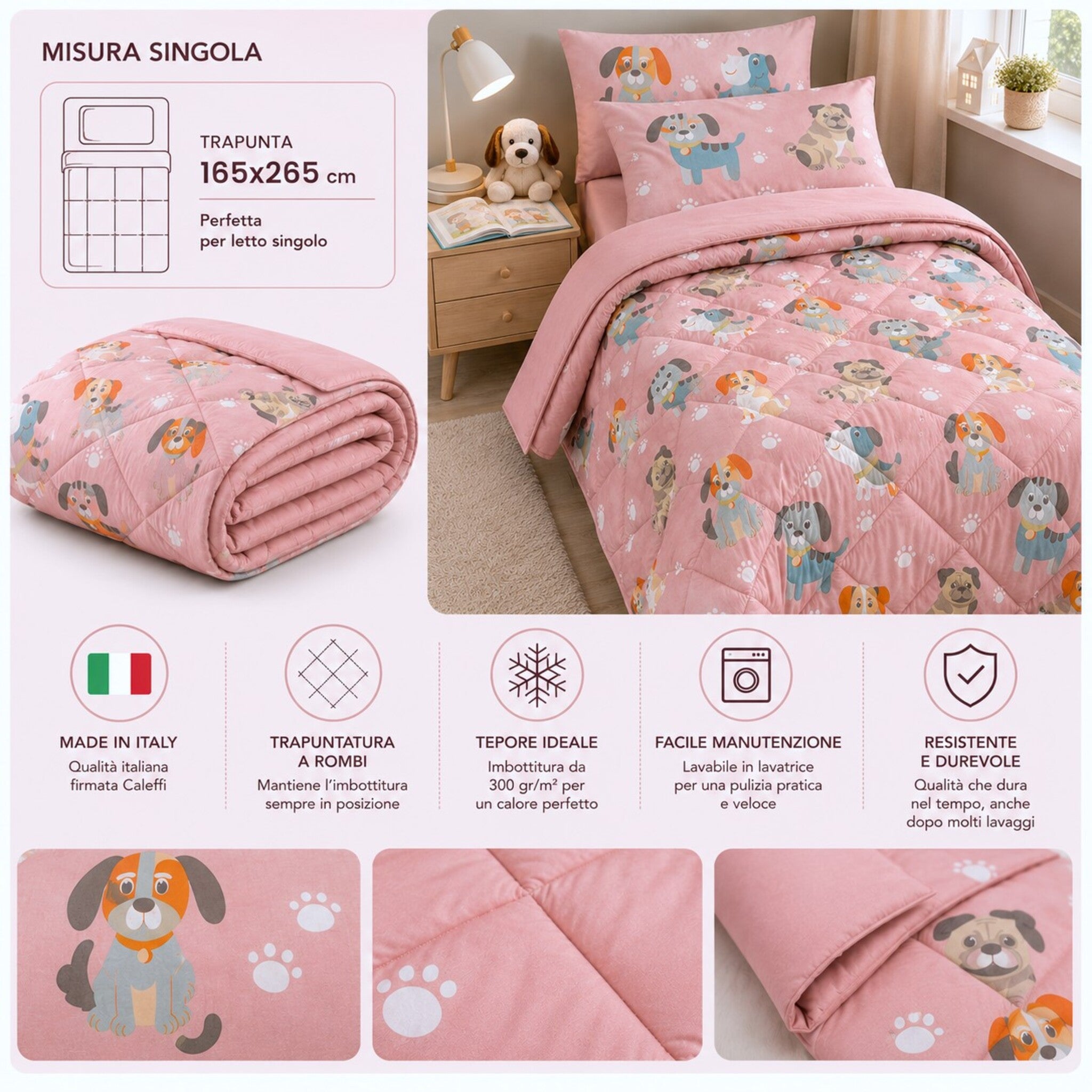 Trapunta singola Cuccioli rosa misura 165x265 centimetri Made in Italy