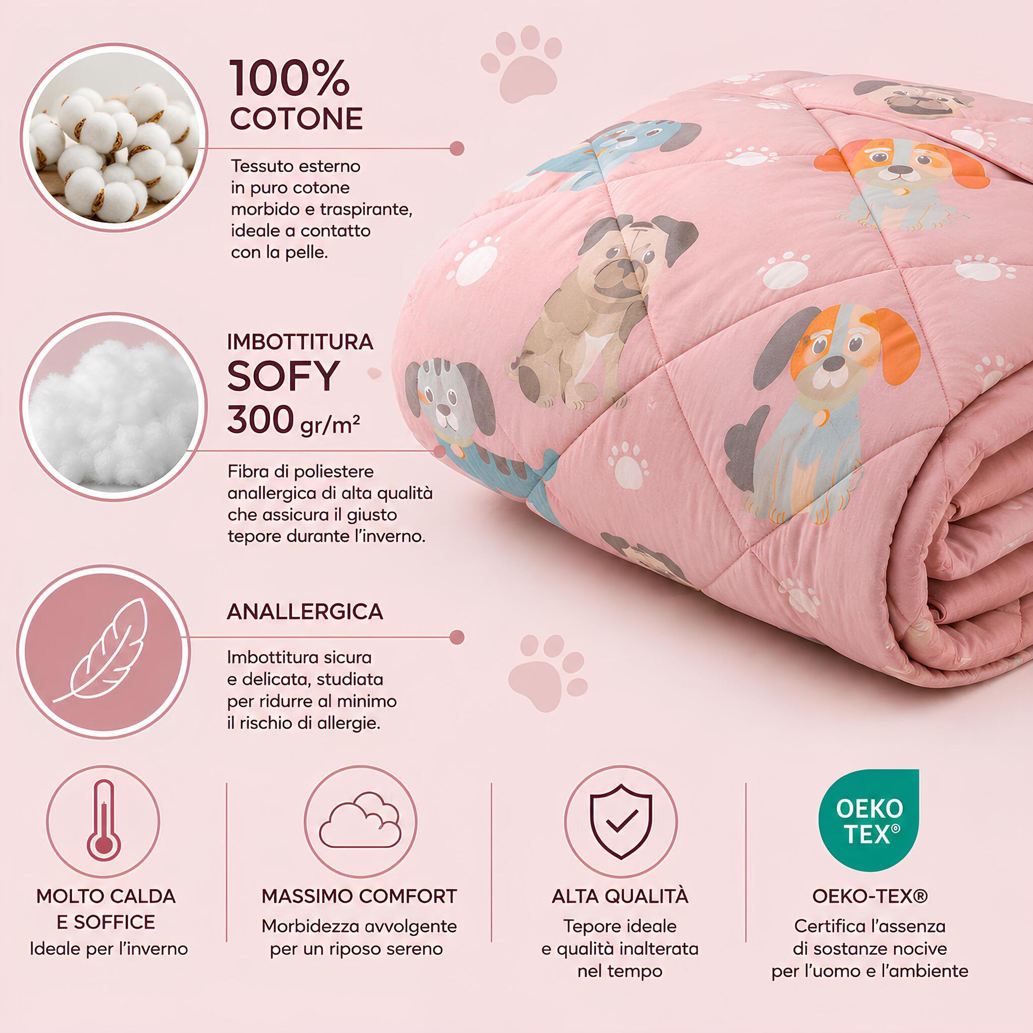 Trapunta Caleffi Cuccioli rosa in cotone con imbottitura anallergica Sofy 300 grammi
