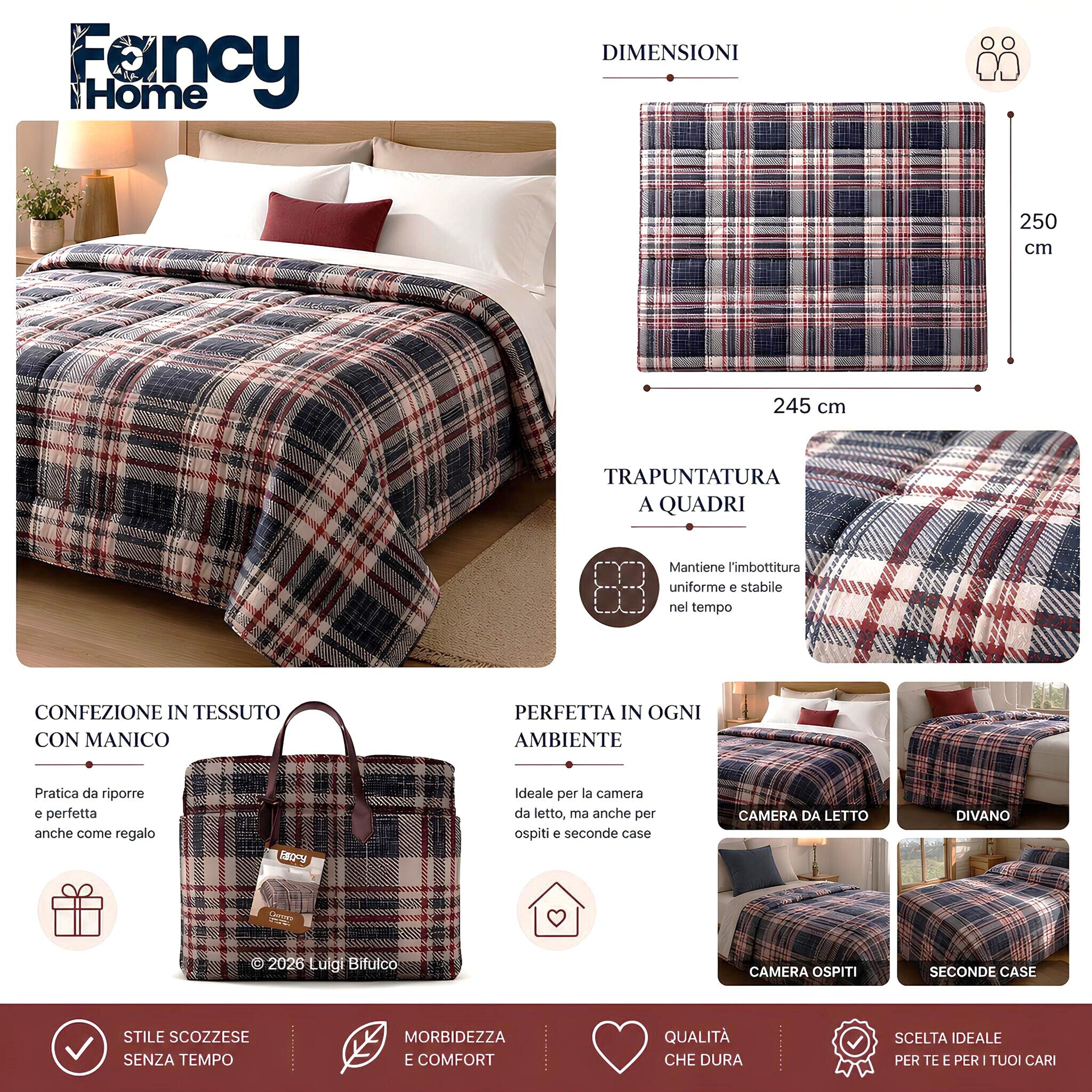 Dimensioni trapunta matrimoniale Fancy Home Corvara 245x250 cm con confezione in tessuto e dettagli prodotto