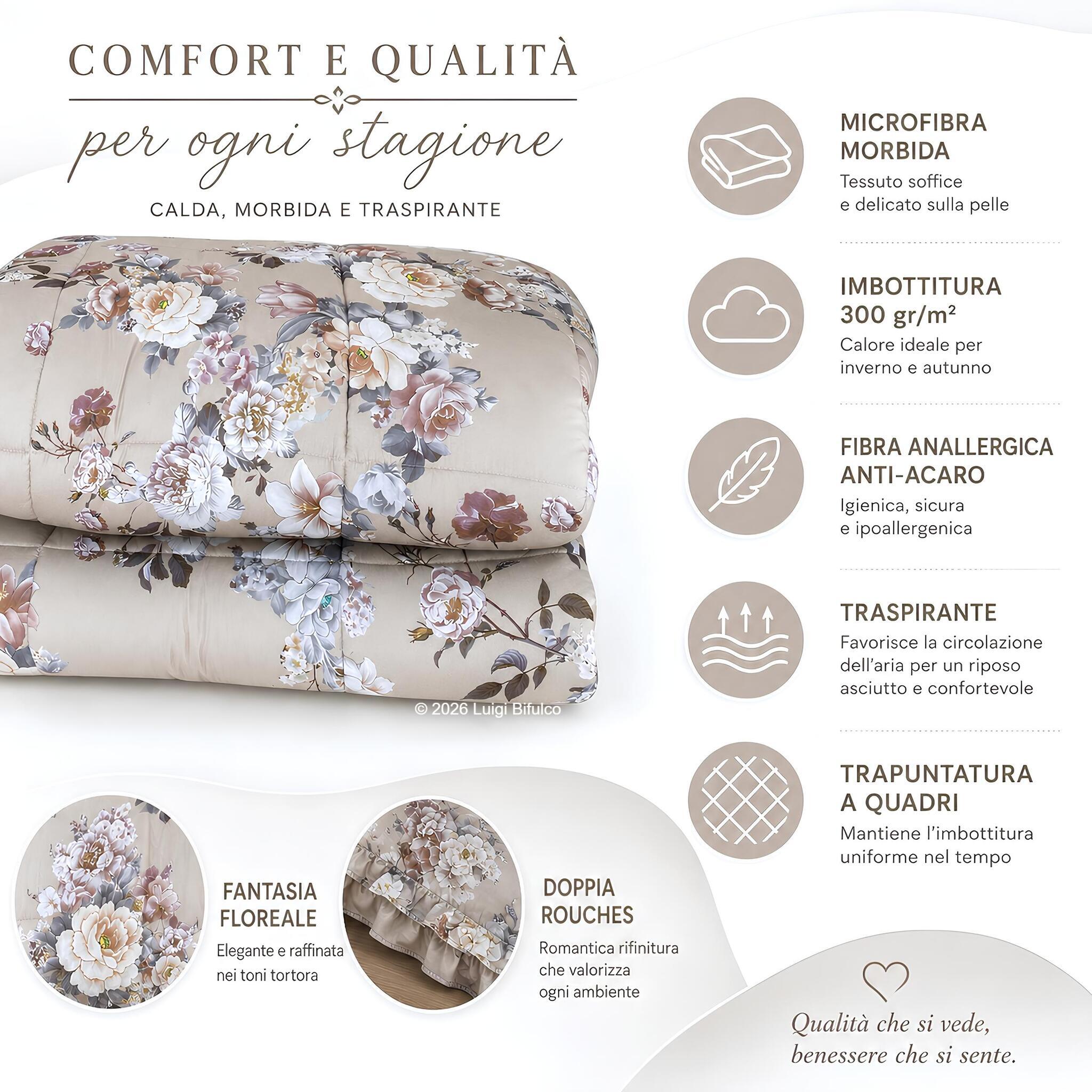 Trapunta matrimoniale Fancy Home Priscilla Tortora con microfibra morbida, imbottitura 300 g/m² e doppia rouches