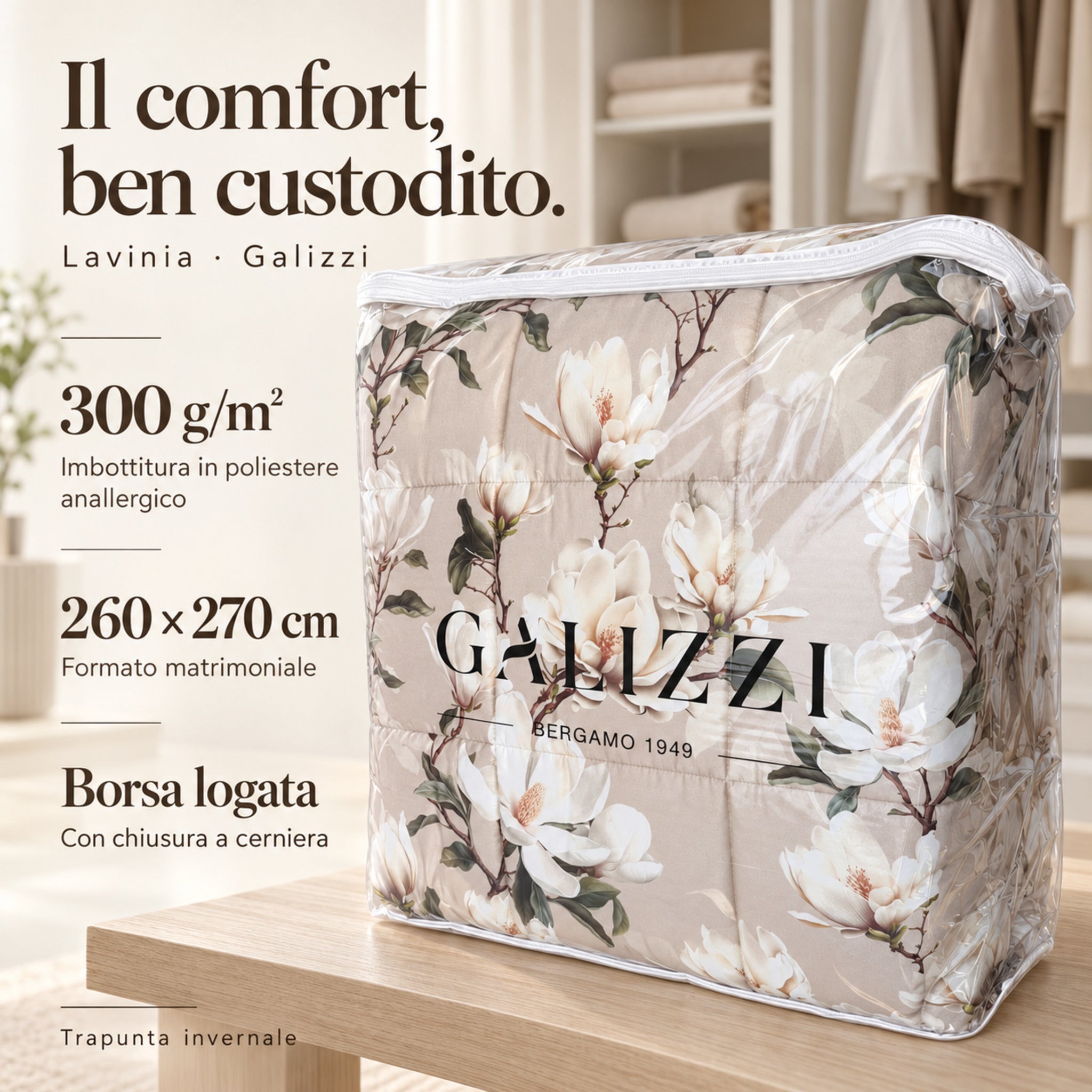 Trapunta Lavinia Beige nella borsa logata Galizzi con cerniera e indicazioni su misura e imbottitura.