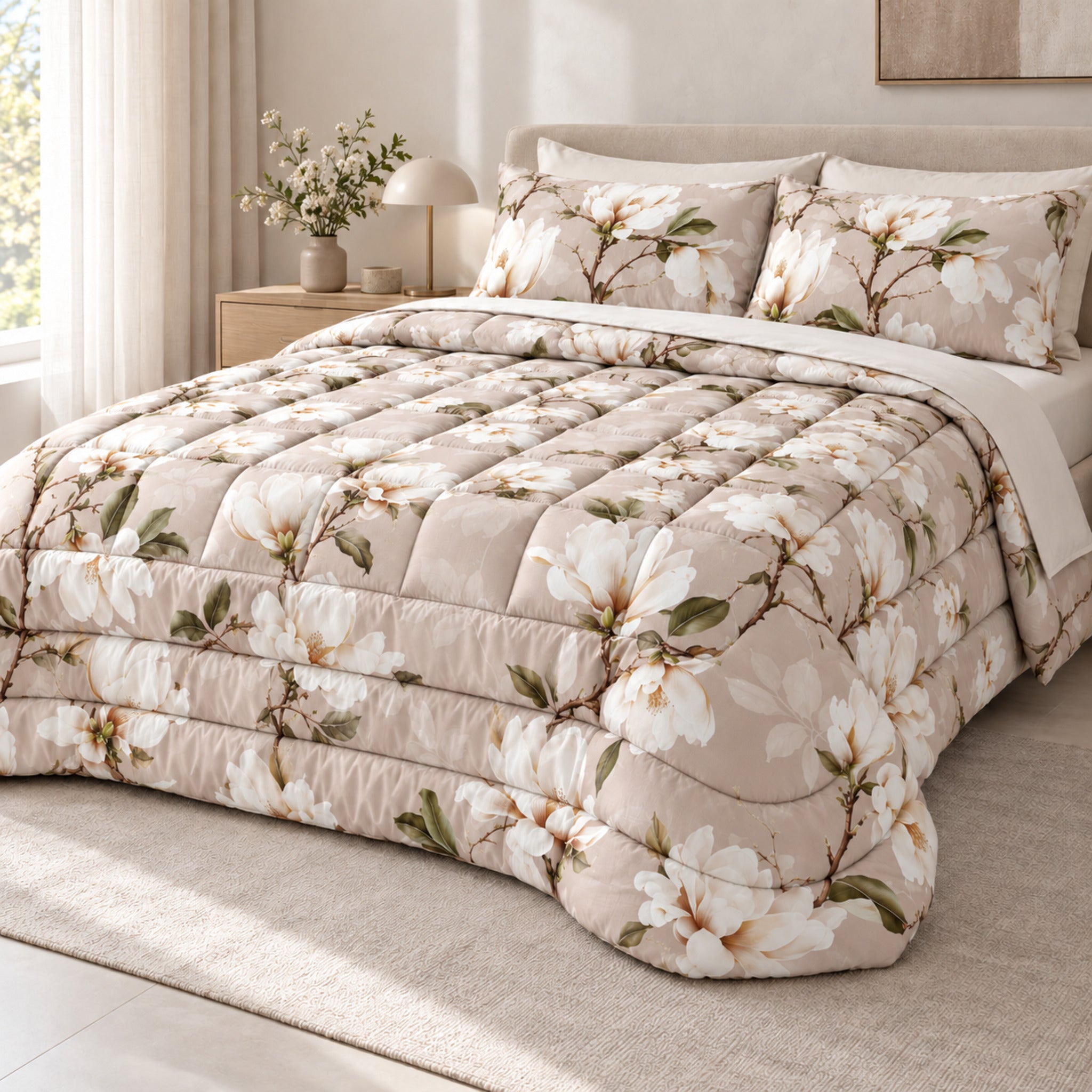 Trapunta Galizzi Lavinia Beige su letto matrimoniale, con grandi magnolie chiare, rami e foglie verdi.