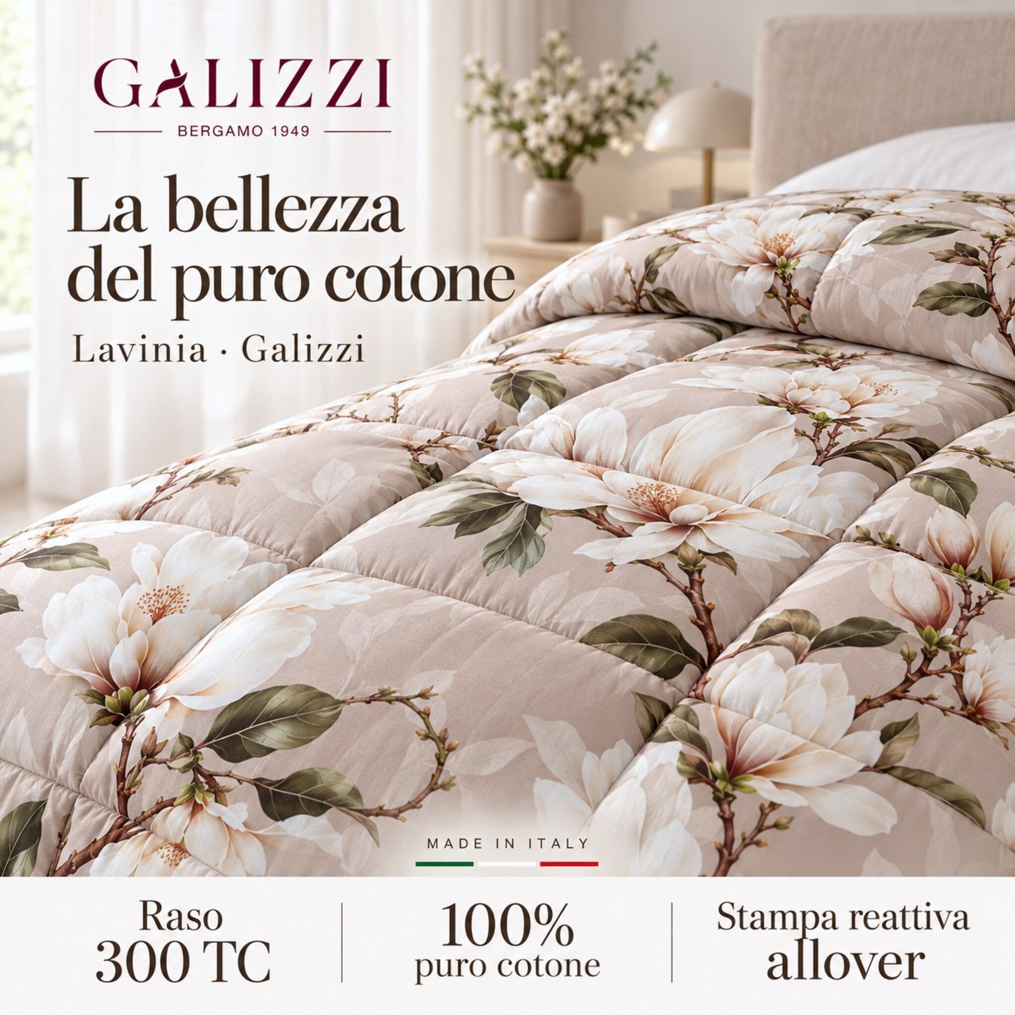 Dettaglio della trapunta Lavinia Beige con infografica sul raso di puro cotone 300 TC e la stampa reattiva.