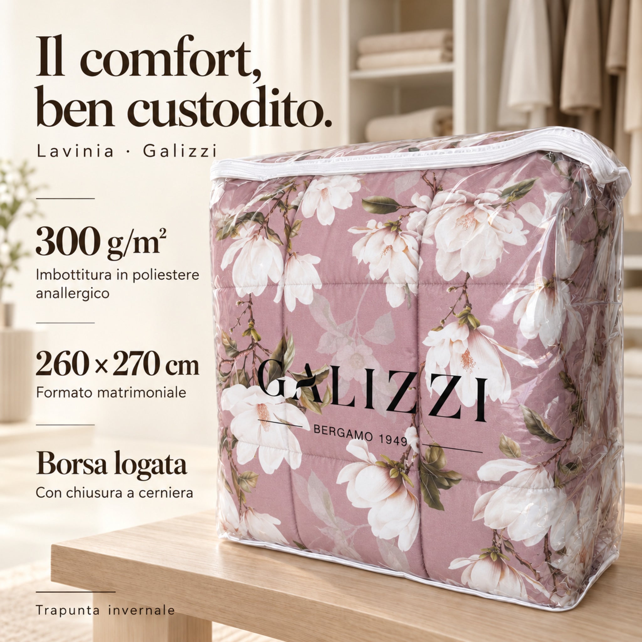 Confezione della trapunta Lavinia Malva in borsa trasparente logata Galizzi con chiusura a cerniera.