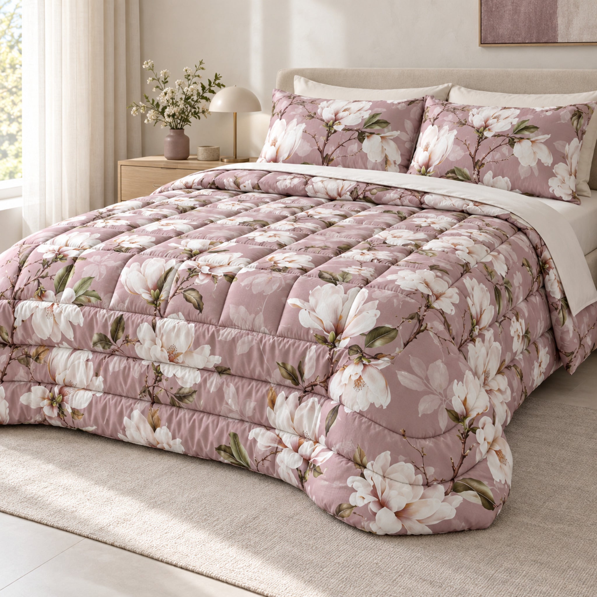 Trapunta Galizzi Lavinia Malva su letto matrimoniale, con magnolie bianche e foglie verdi su fondo rosato.