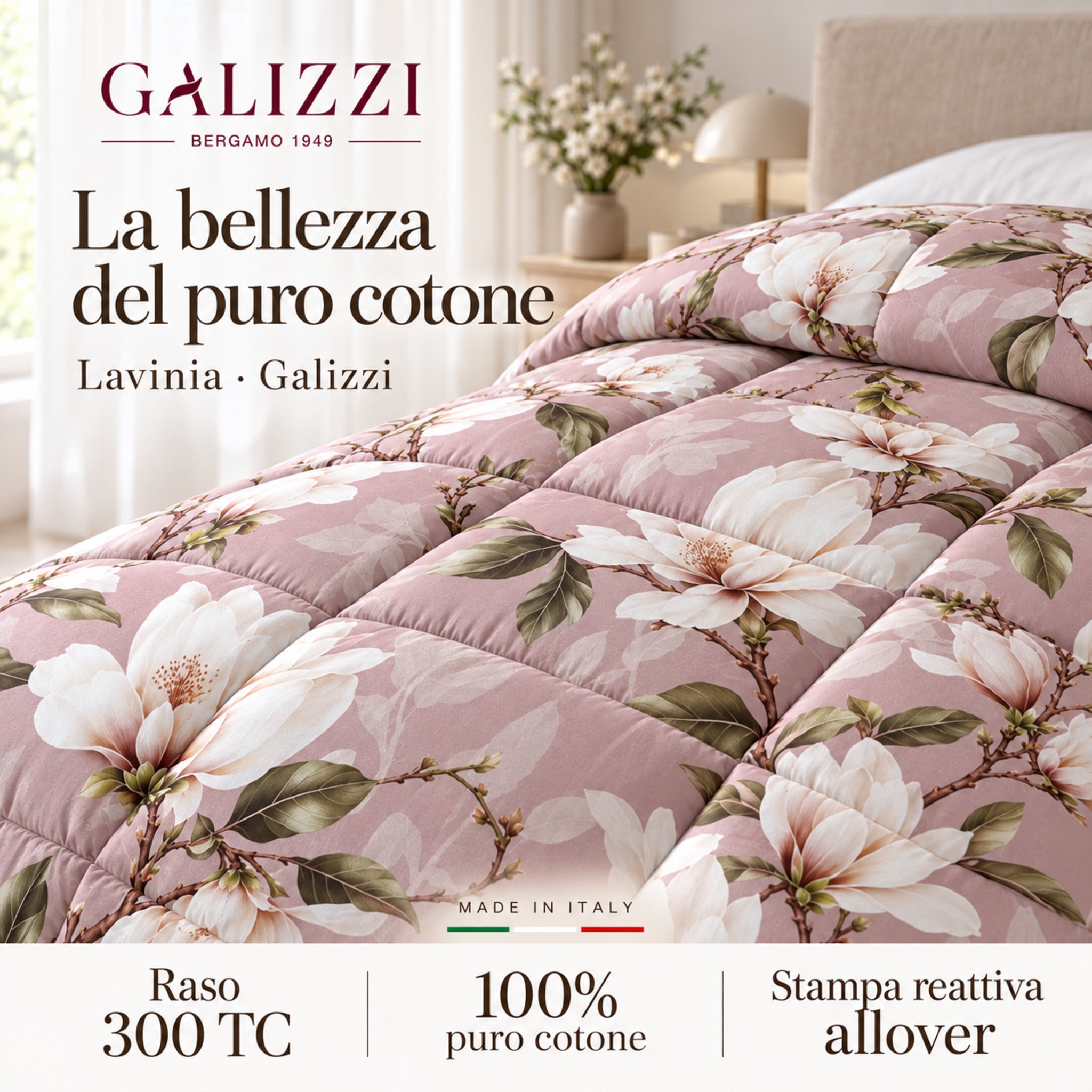 Fantasia floreale Lavinia Malva con infografica dedicata al raso 300 TC, al puro cotone e al Made in Italy.