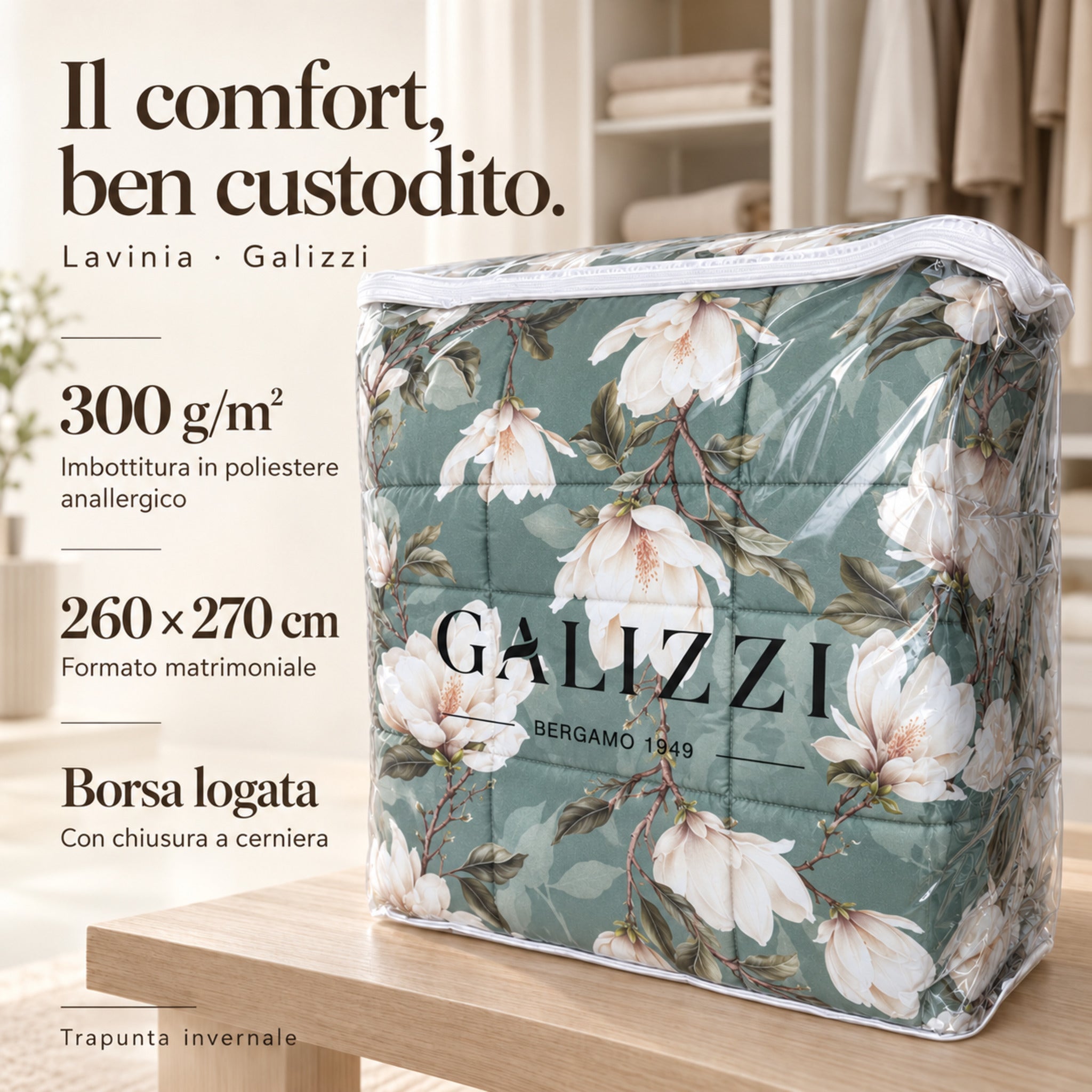 Trapunta Lavinia Verde nella borsa logata con cerniera, con infografica su formato matrimoniale e imbottitura.