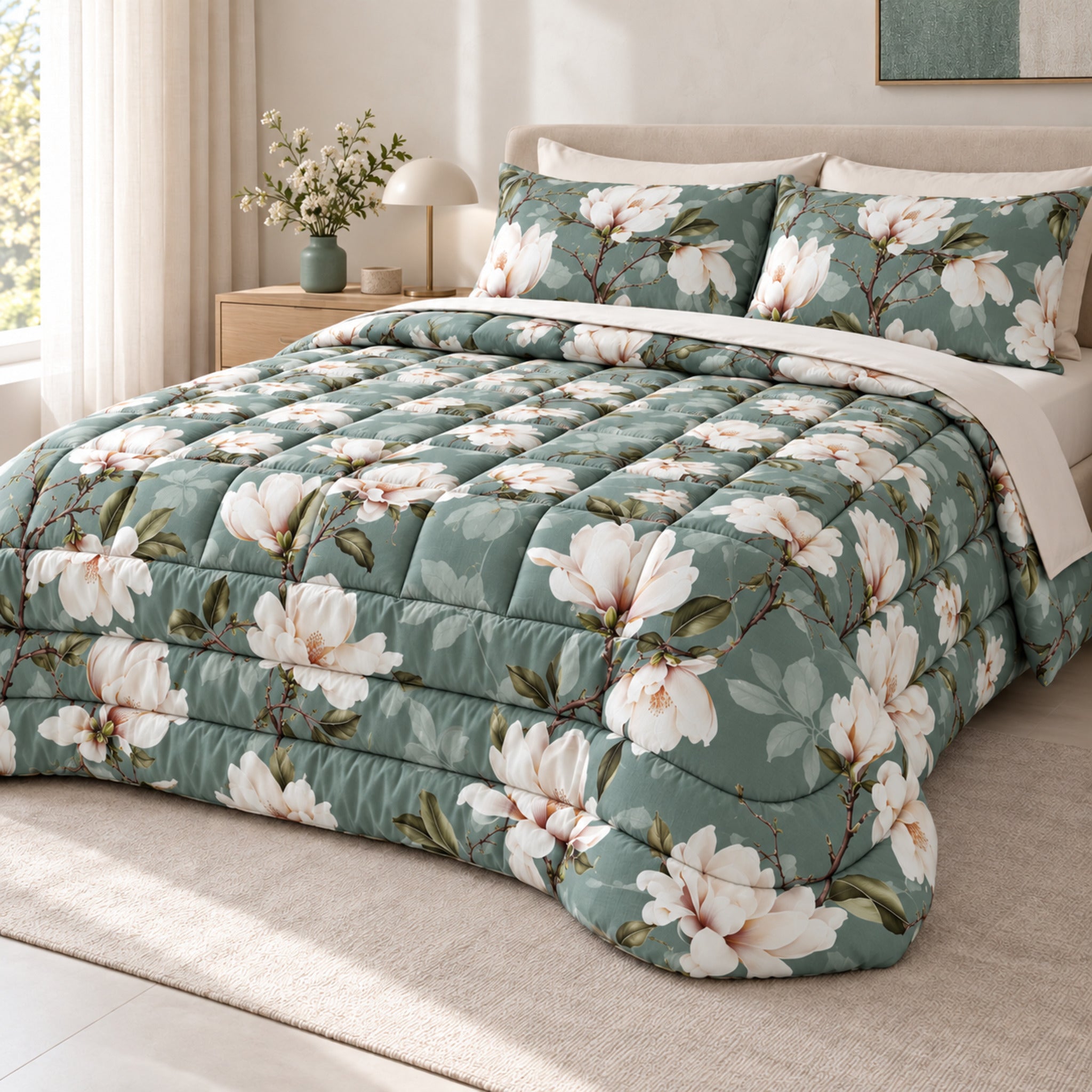 Trapunta Galizzi Lavinia Verde ambientata sul letto, con magnolie avorio e angoli stondati.