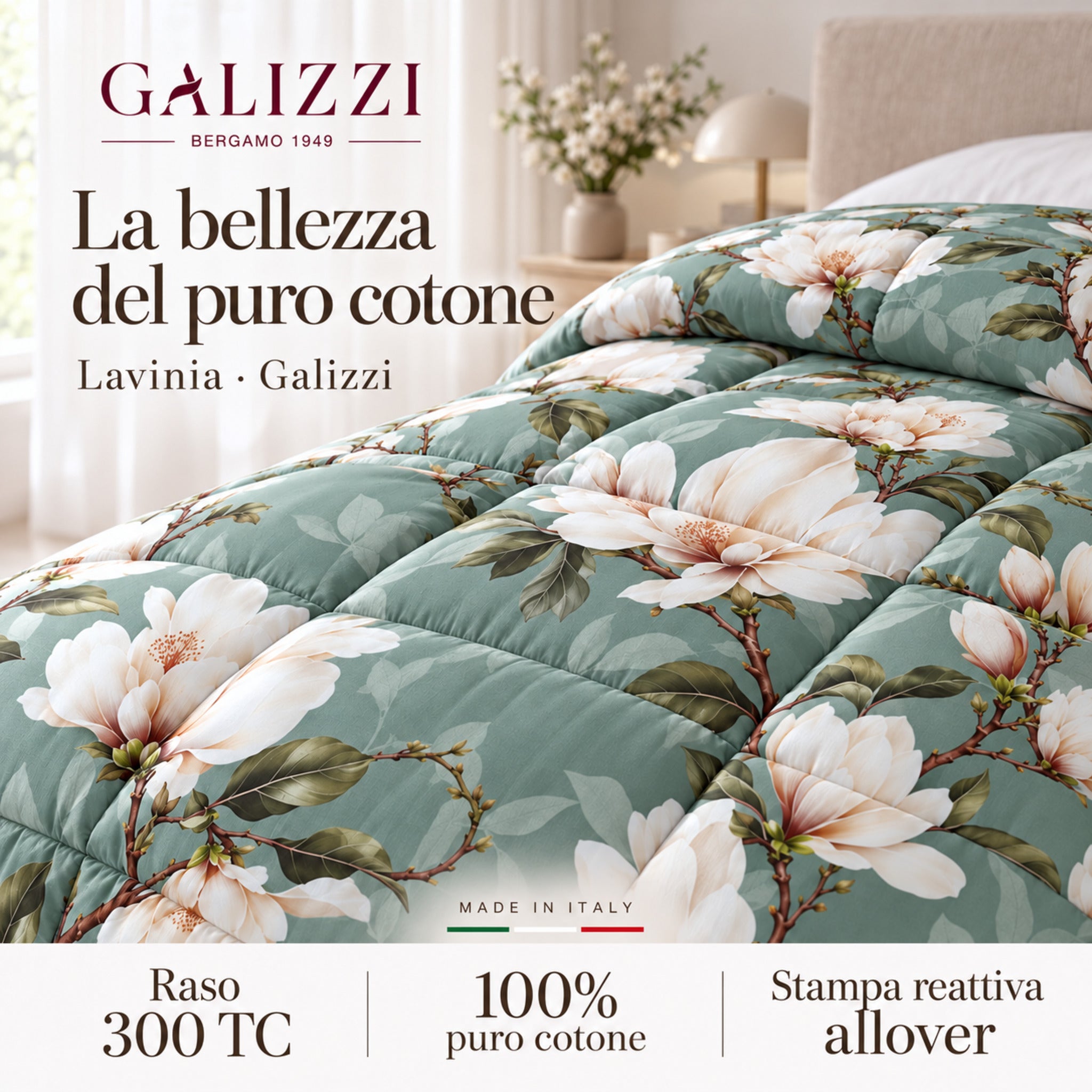 Trapunta Lavinia Verde con dettaglio floreale e infografica su raso di cotone 300 TC e stampa reattiva allover.