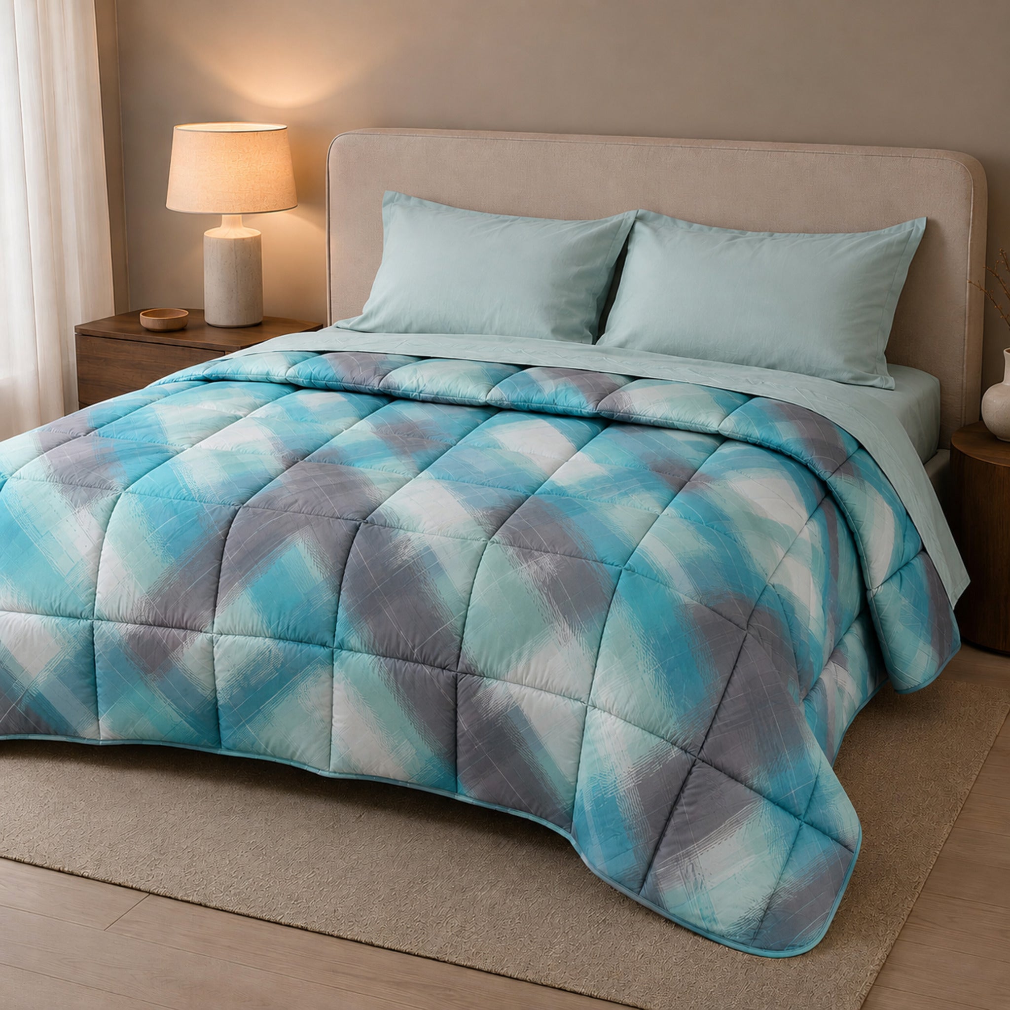 Trapunta invernale matrimoniale Caleffi Derby anice ambientata sul letto