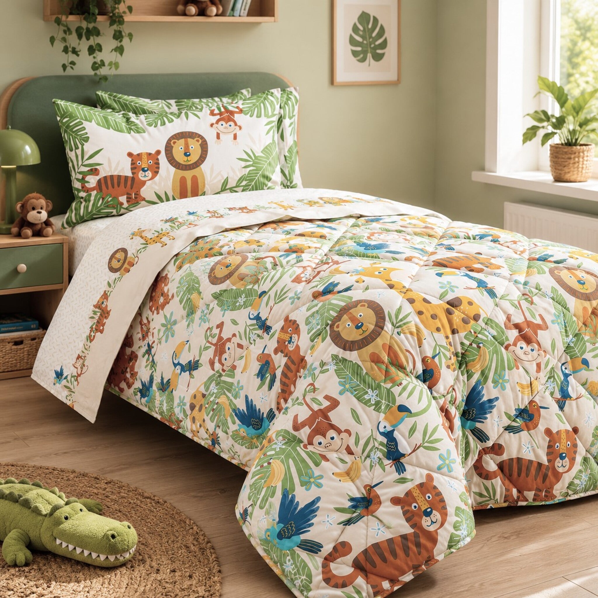 Trapunta invernale singola Caleffi Tropical 100% cotone 165x265 cm Made in Italy con fantasia animali della giungla