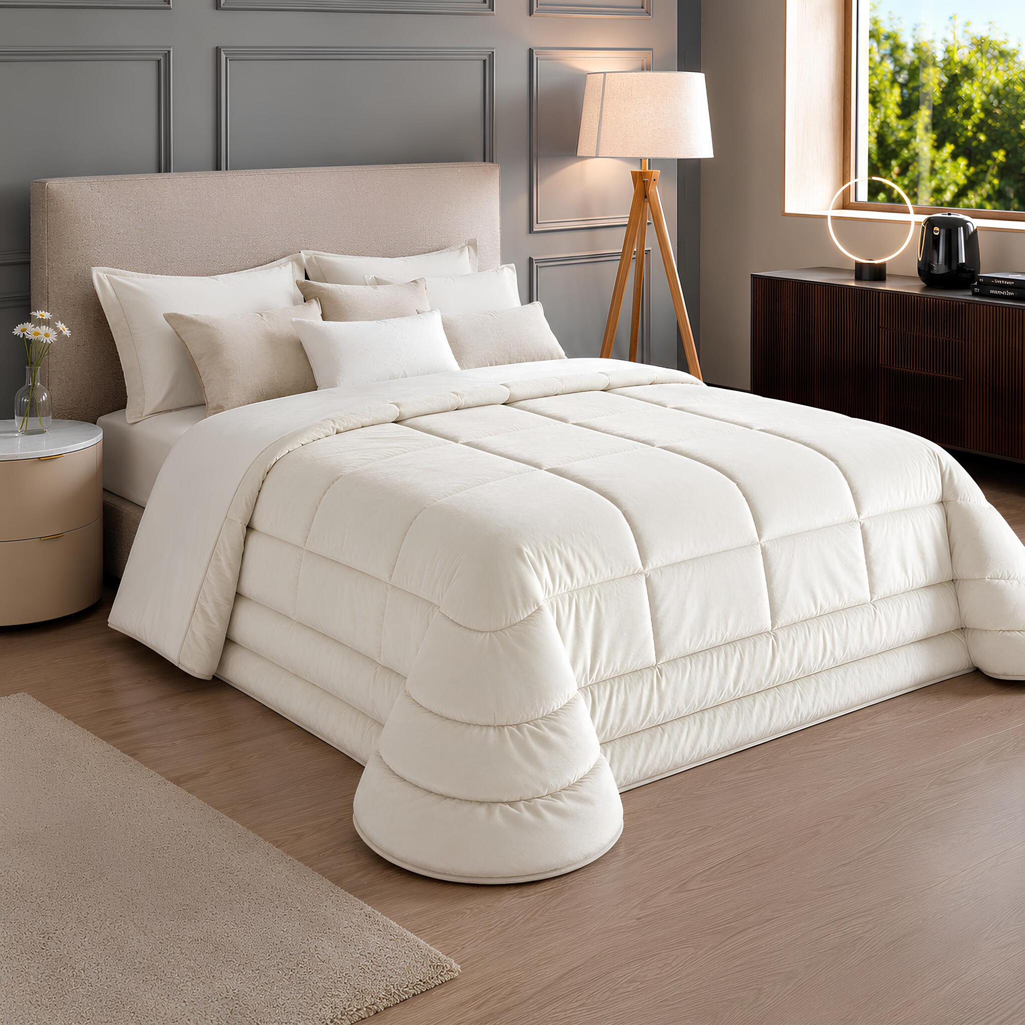 Trapunta invernale singola Buccia di Mela Quadro in velluto colore beige da 170x270 cm su letto moderno