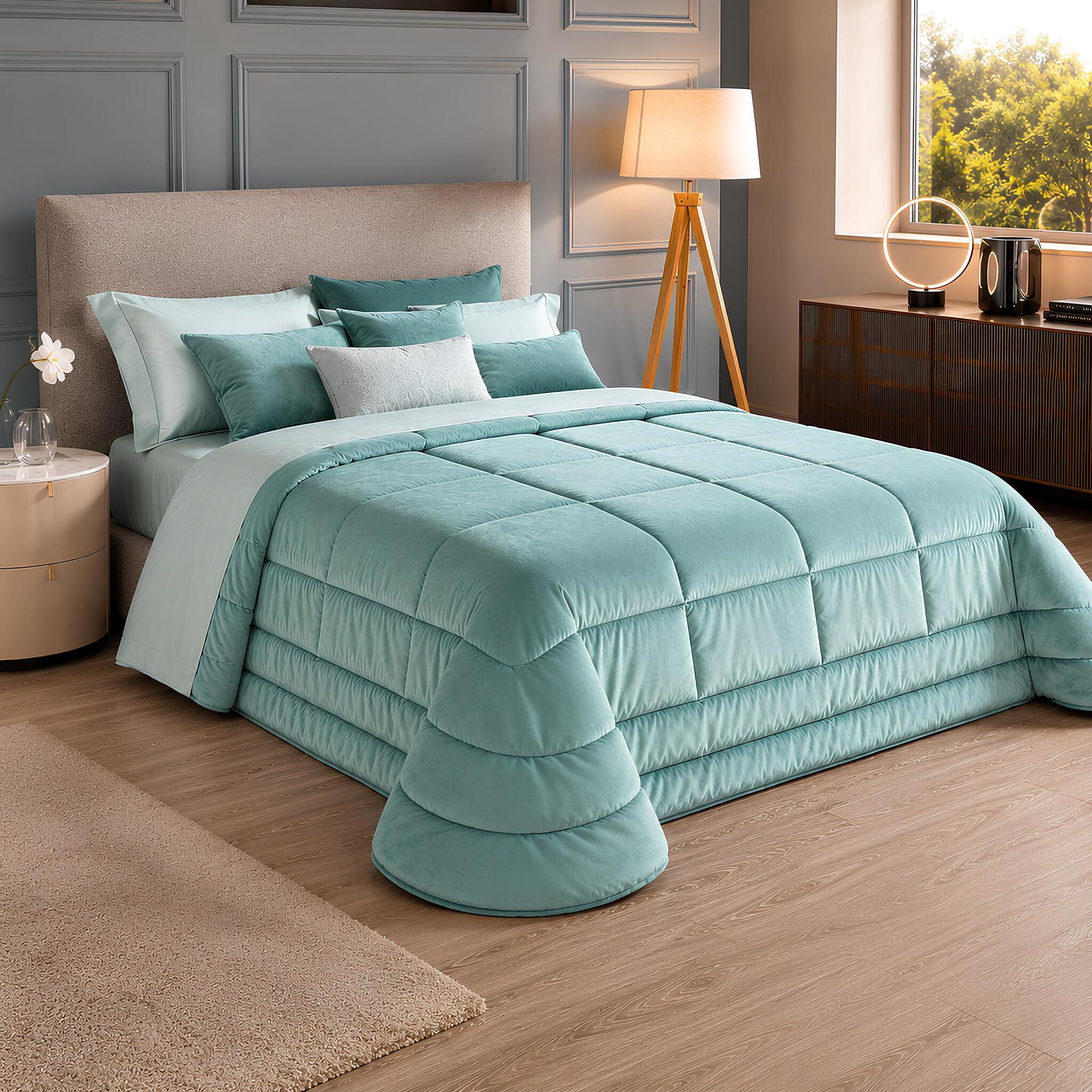 Trapunta invernale singola Buccia di Mela Quadro in velluto colore verde acqua da 170x270 cm su letto moderno