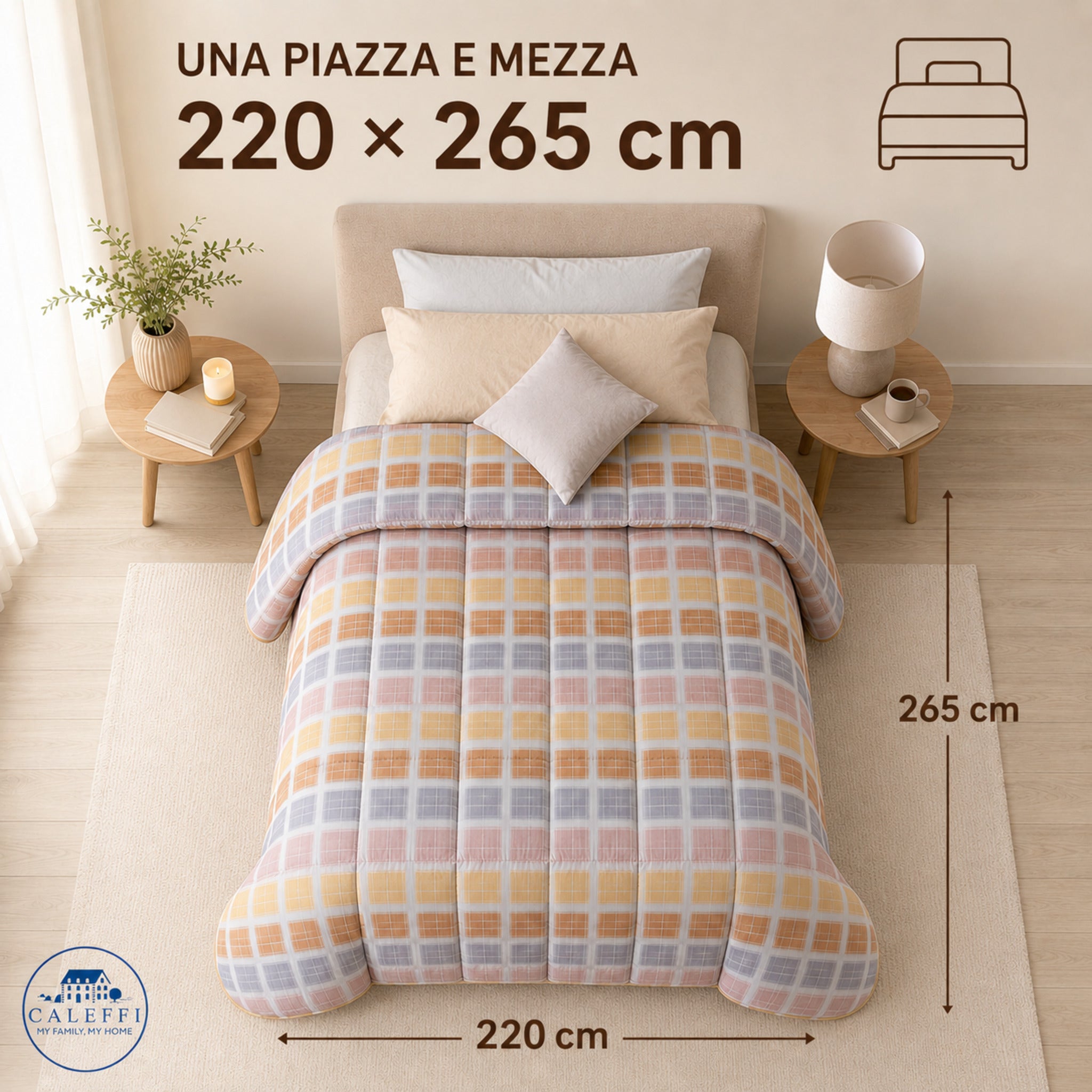 Trapunta Caleffi Lionel Ambra 220x265 cm ambientata su letto da una piazza e mezza