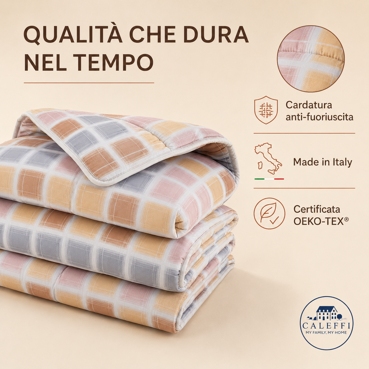 Infografica della trapunta Caleffi Lionel Ambra con microfibra morbida e imbottitura invernale
