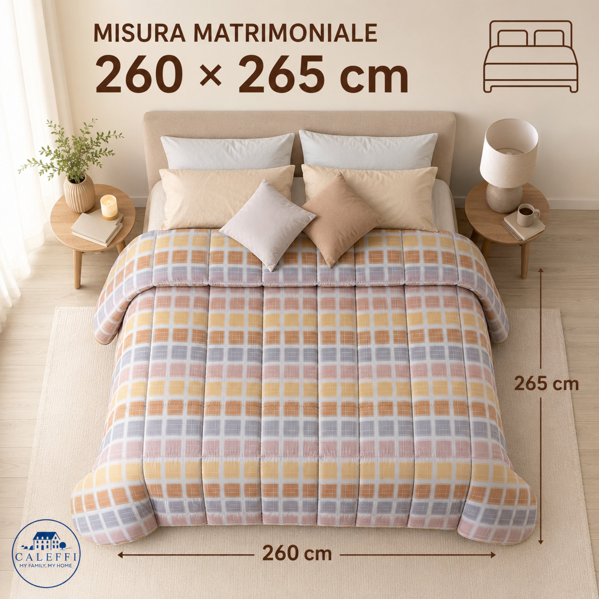 Trapunta matrimoniale Caleffi Lionel Ambra 260x265 cm ambientata sul letto