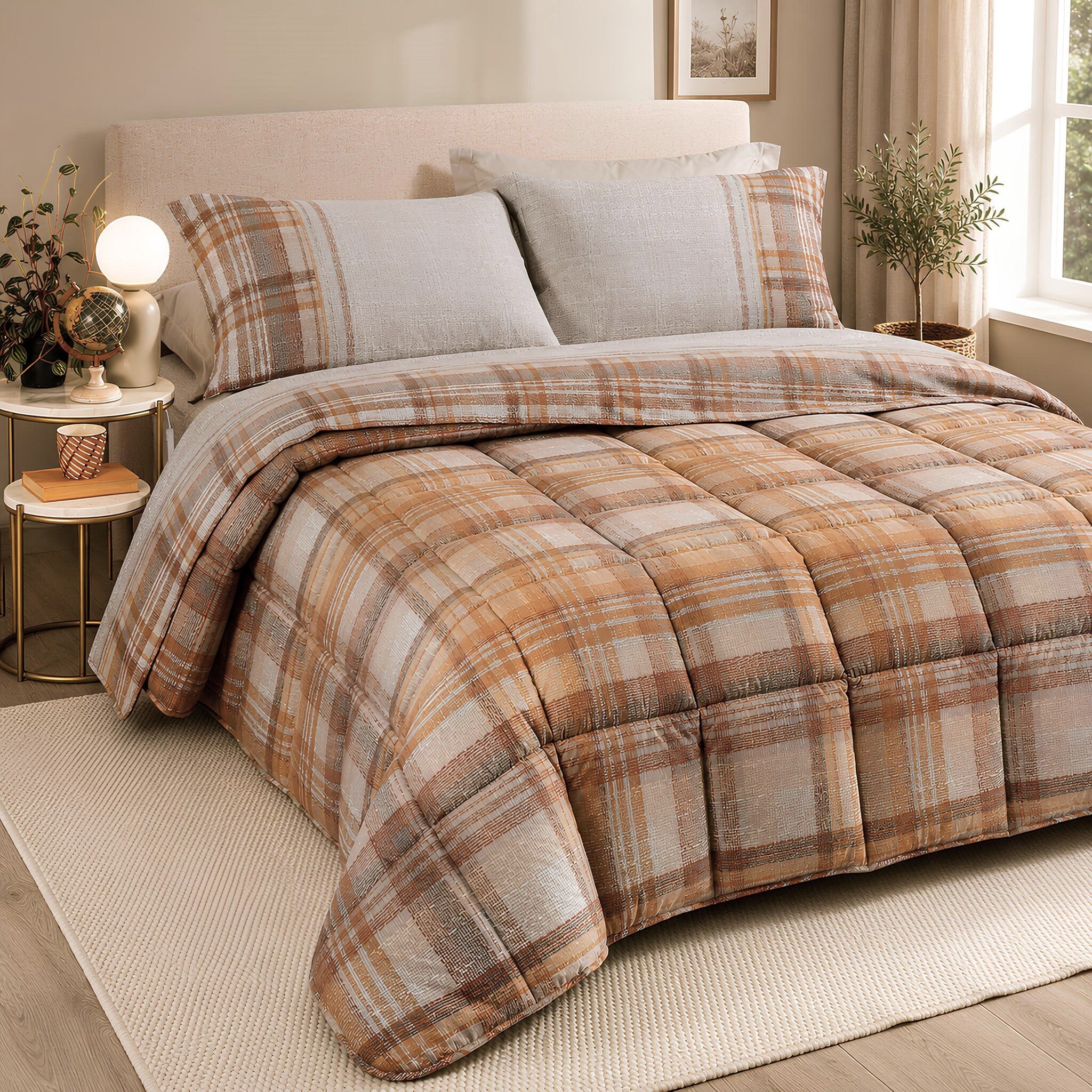 Trapunta matrimoniale Caleffi Cottage ambra in 100% cotone con fantasia tartan 