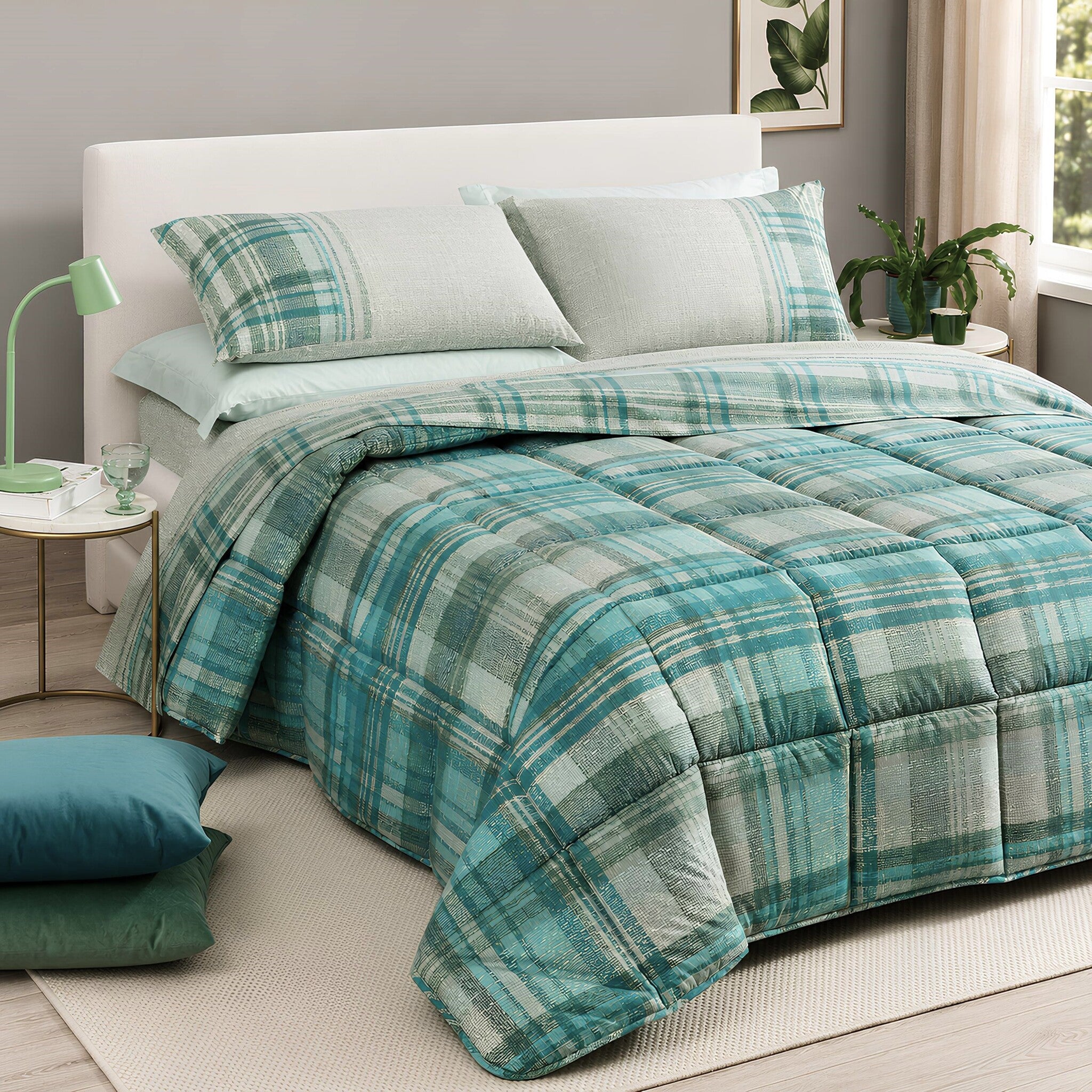 Trapunta matrimoniale Caleffi Cottage giada in 100% cotone con fantasia tartan 