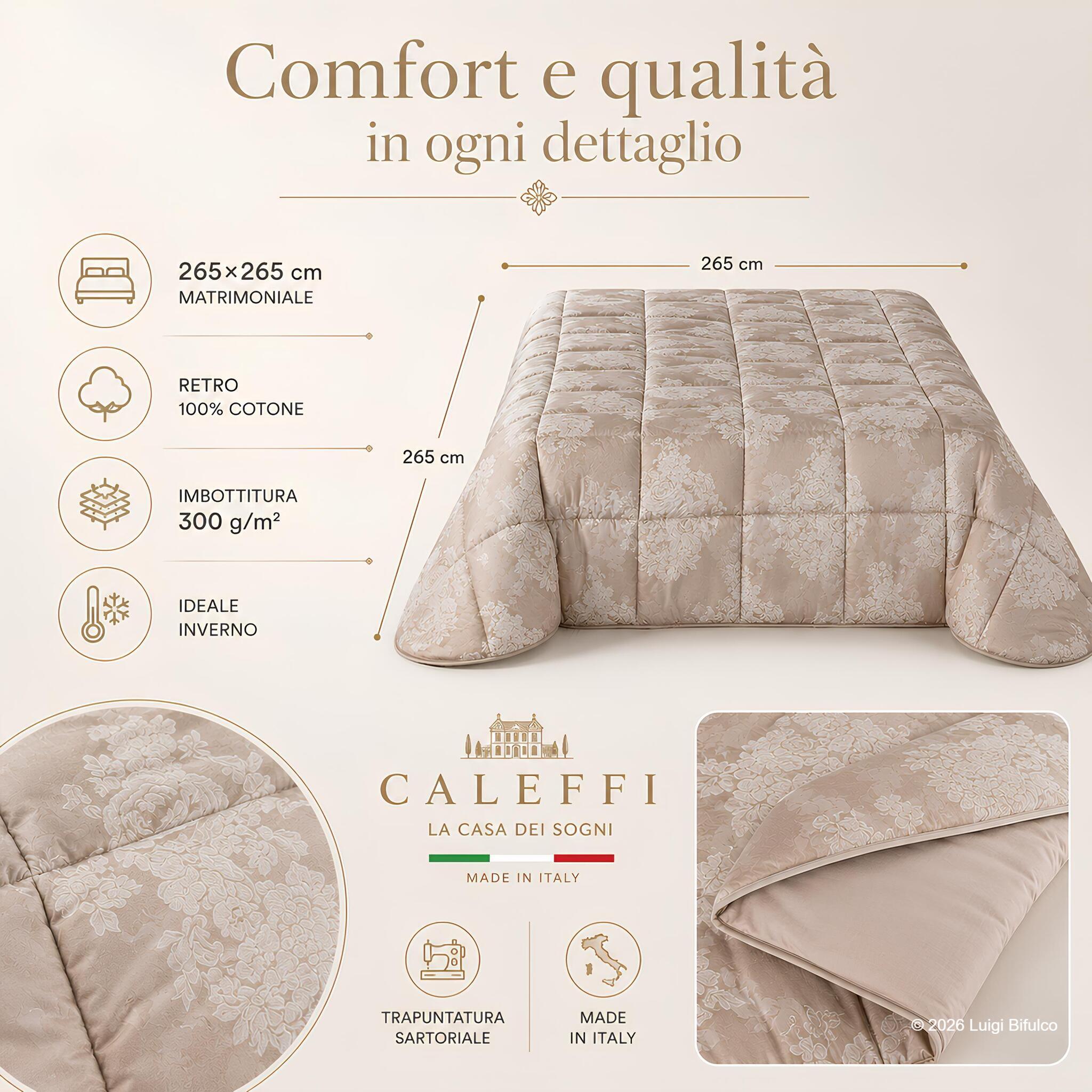 Misure e composizione della trapunta matrimoniale Caleffi Gloria 265x265 cm con imbottitura da 300 g/m²