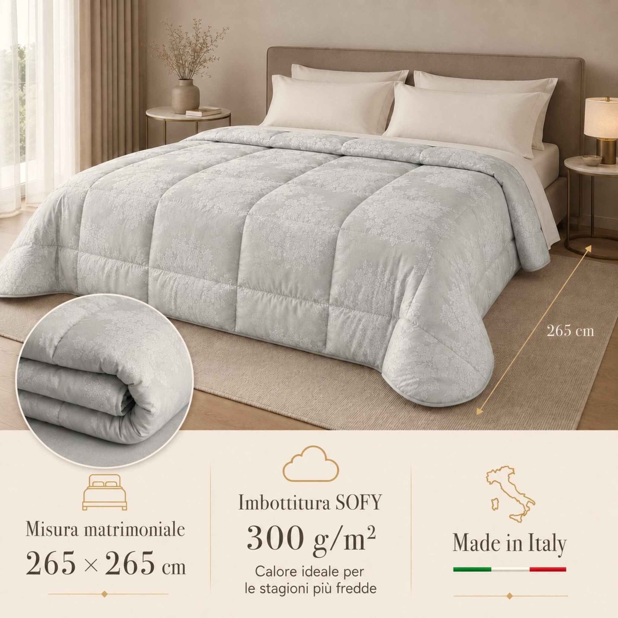 Misure e composizione della trapunta matrimoniale Caleffi Gloria 265x265 cm con imbottitura da 300 g/m²