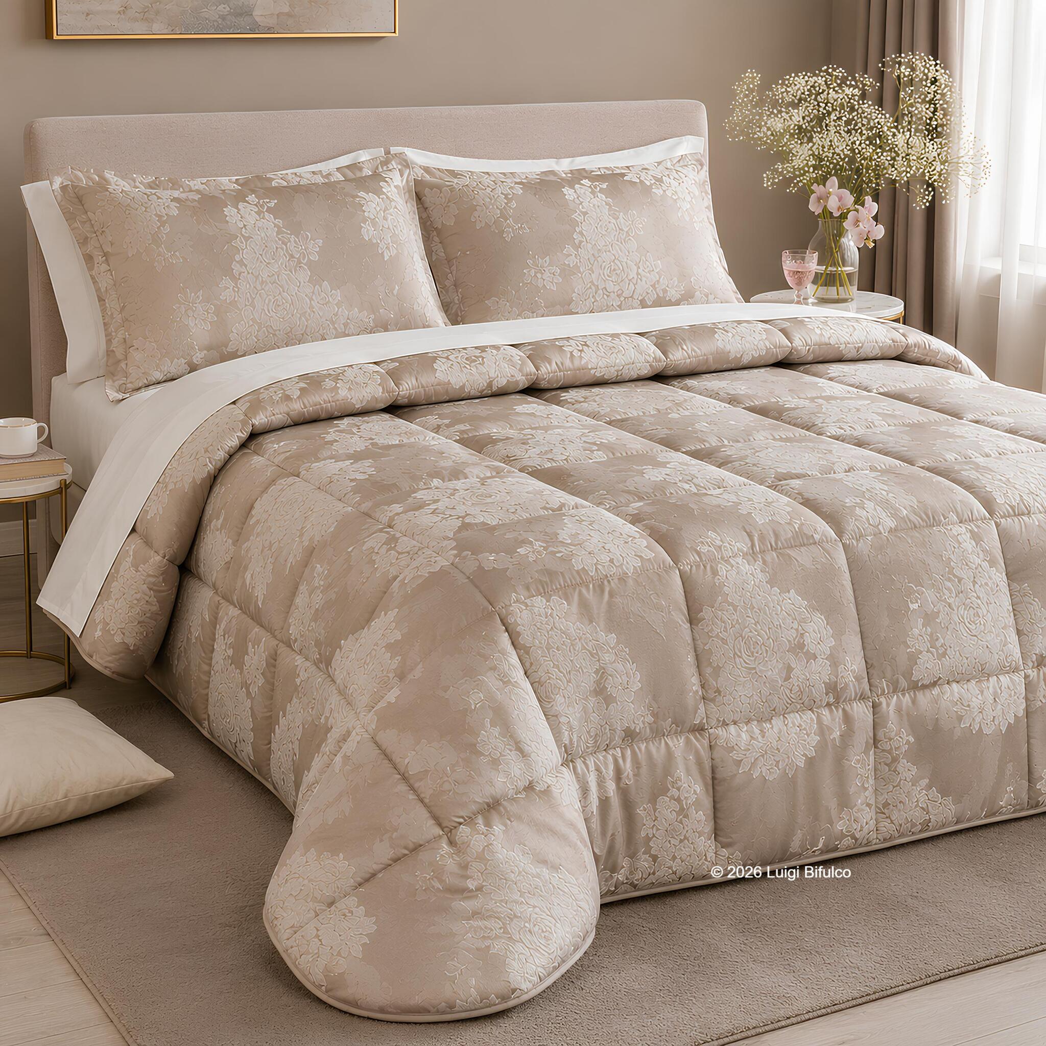 Trapunta matrimoniale Caleffi Gloria in raso jacquard colore Biscotto 265x265 cm ambientata su letto matrimoniale