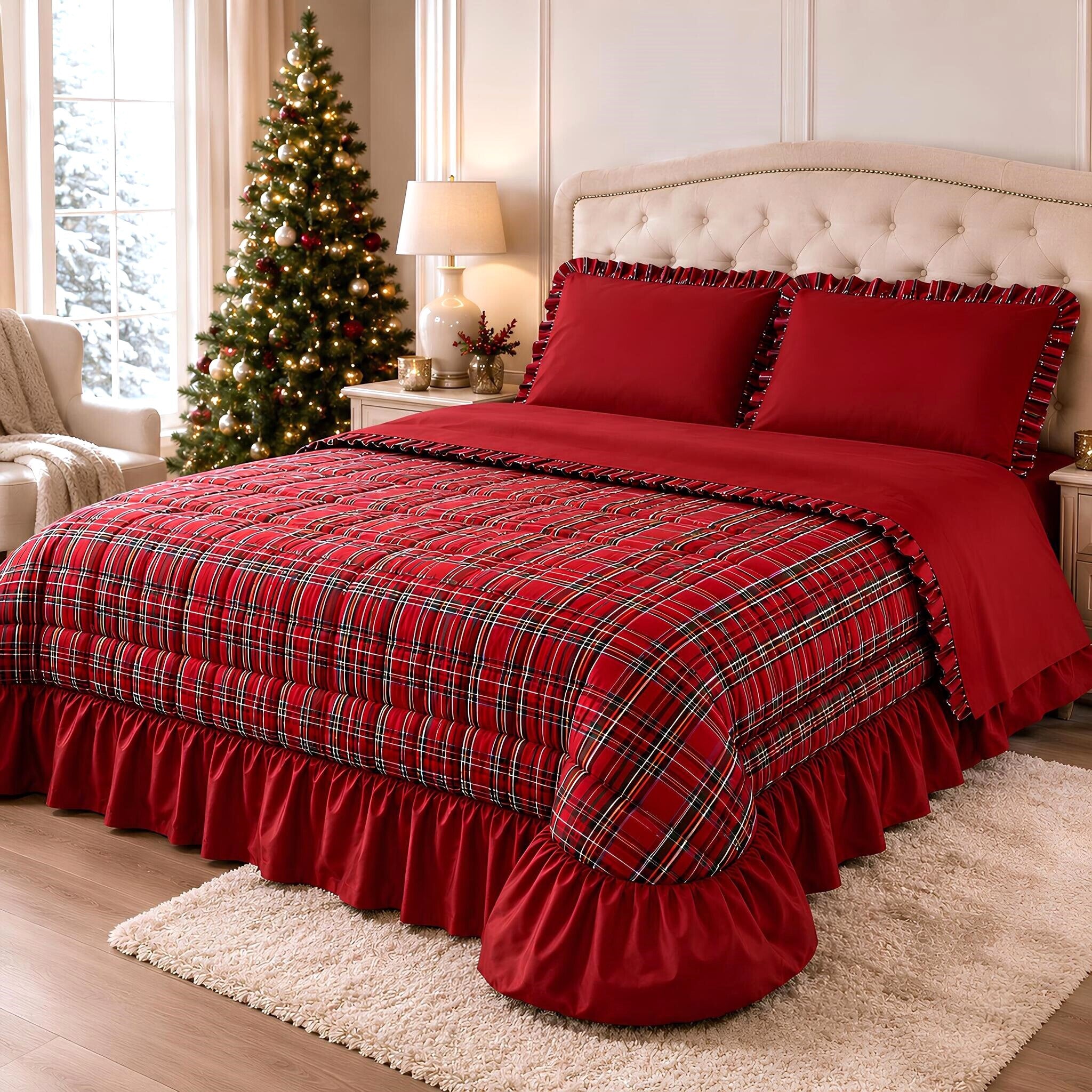 Trapunta matrimoniale Carezze Eloidi 260x260 cm in 100% cotone con fantasia tartan scozzese e balza in raso