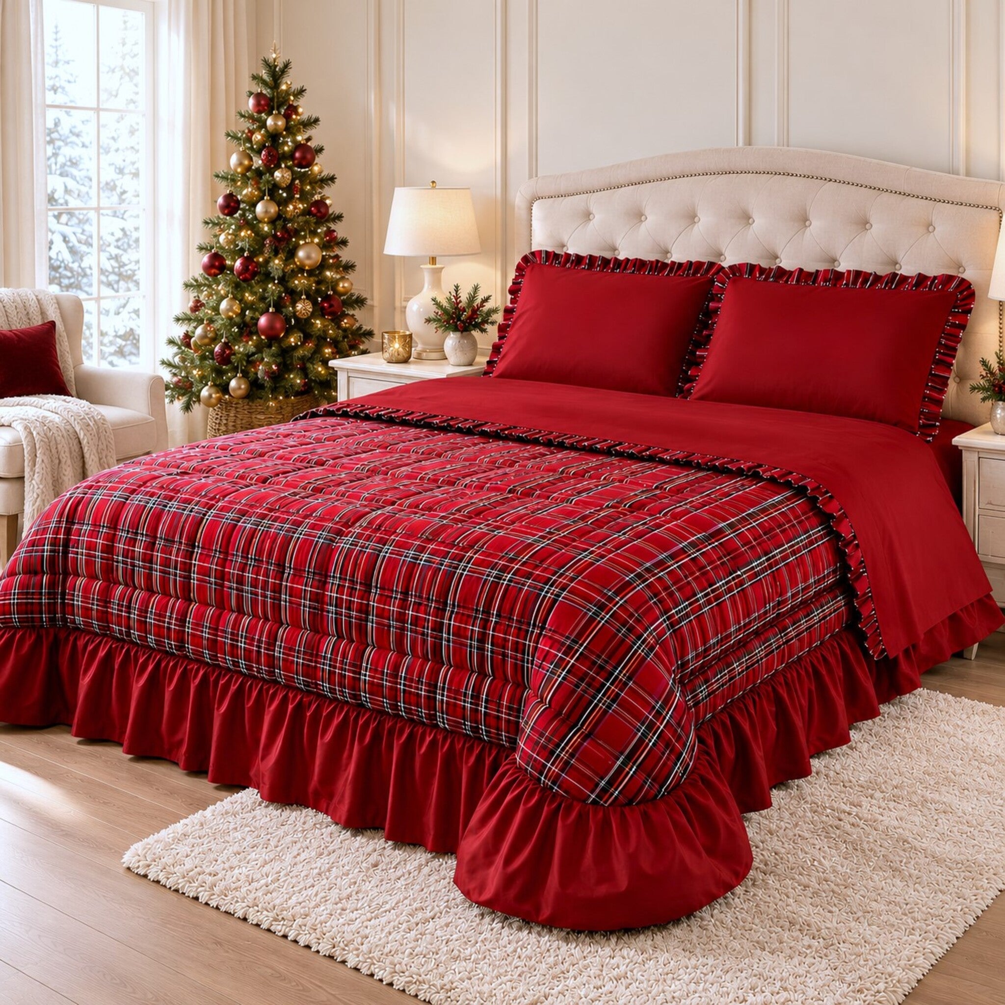 Trapunta Carezze Eloidi tartan rosso su letto matrimoniale, con balza arricciata in raso e angoli stondati in una camera natalizia.