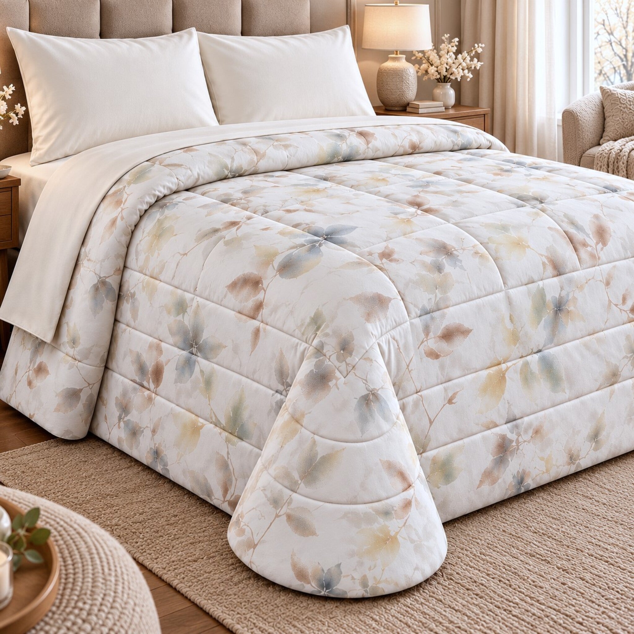 Trapunta matrimoniale Carezze Wendy Avorio sul letto, con foglie sfumate nei toni beige, tortora e grigio-azzurro