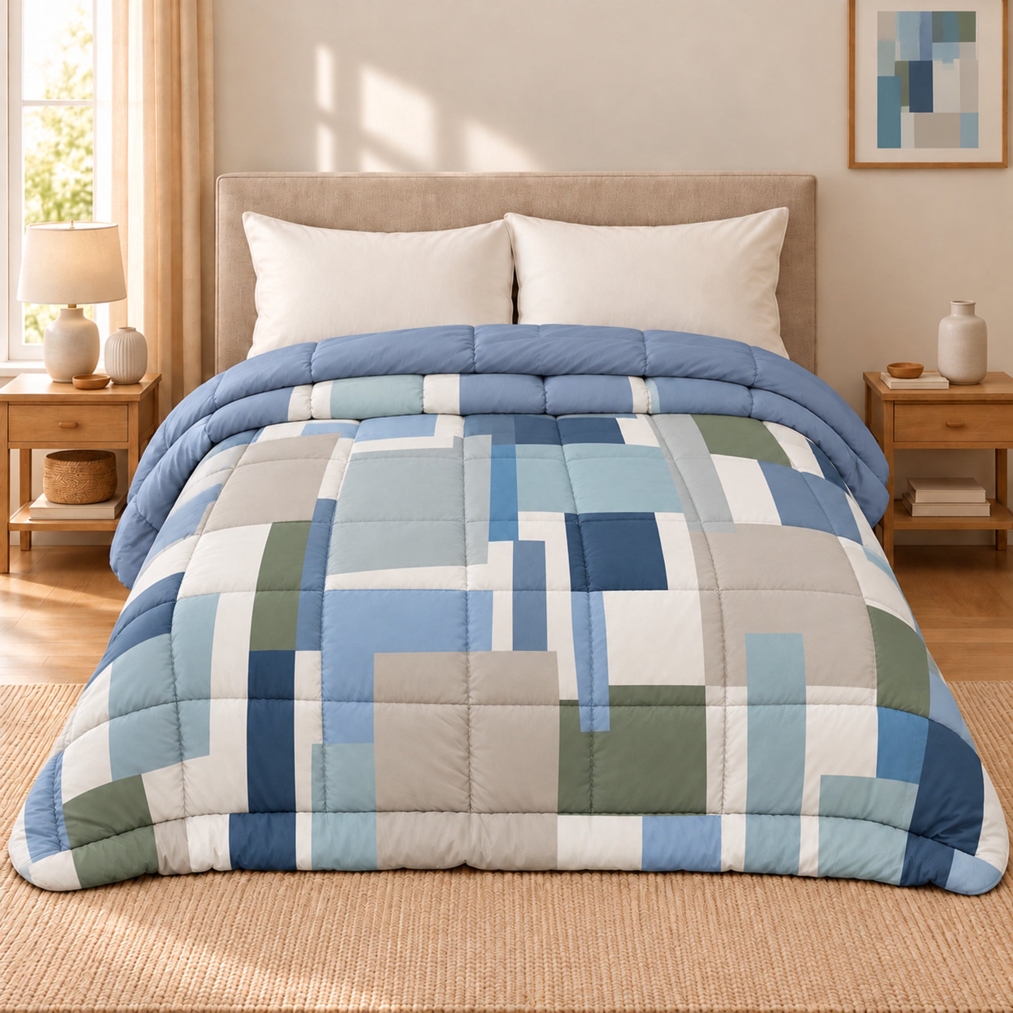 Trapunta matrimoniale Cogal 2605 Metal Blue sul letto, con geometrie blu, azzurre, verdi e neutre e risvolto blu tinta unita.