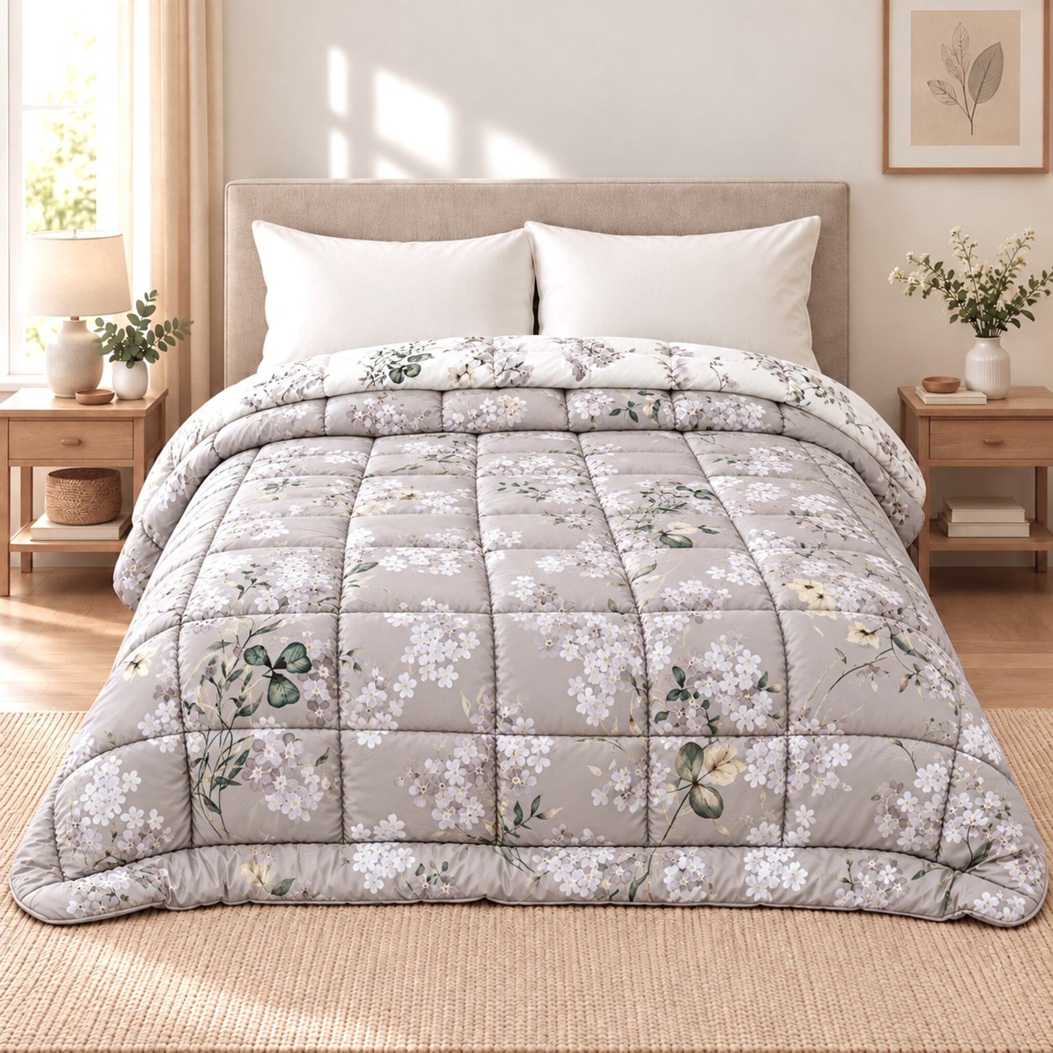 Trapunta matrimoniale Cogal 2620 Silver Grey sul letto, con fantasia botanica chiara e retro avorio visibile nel risvolto.