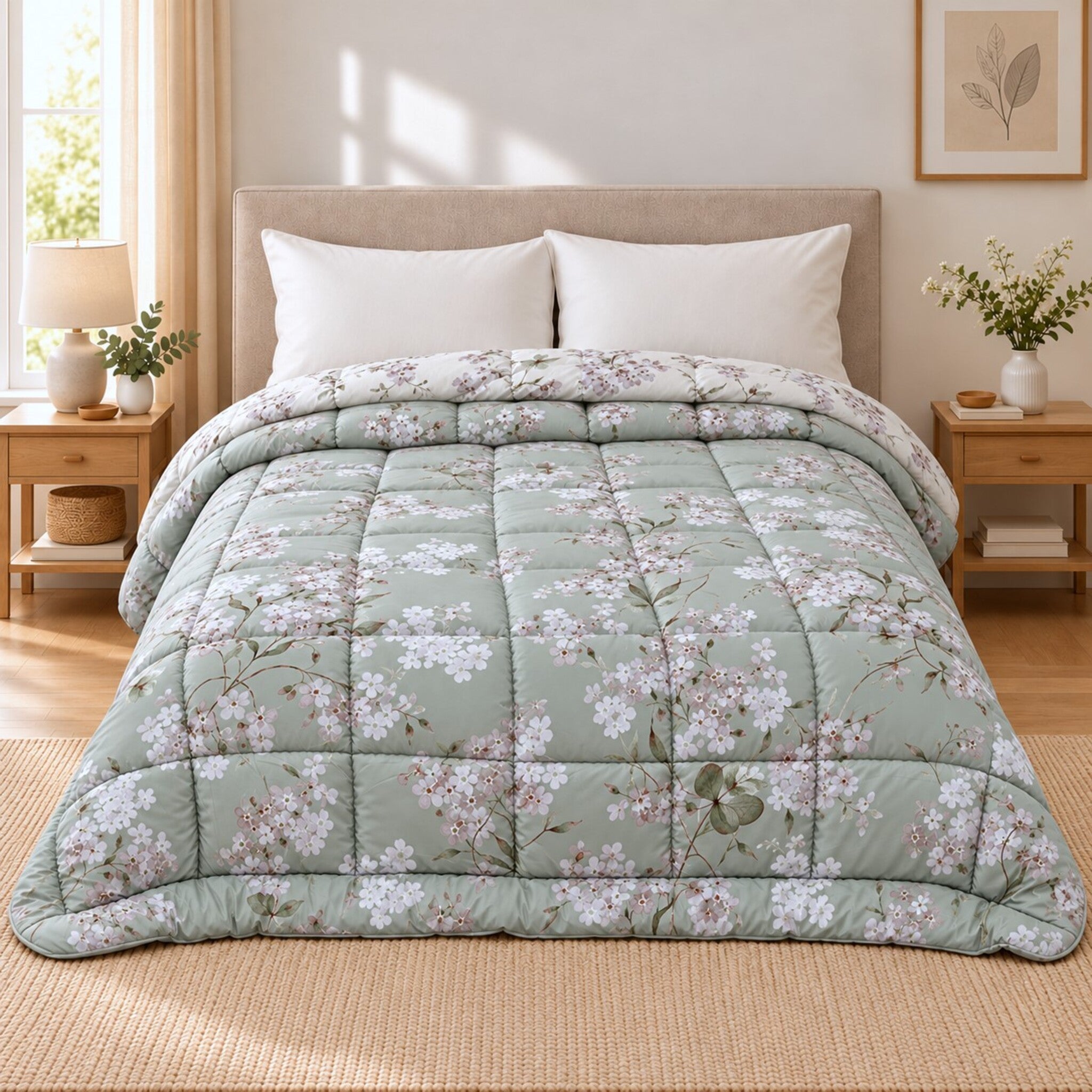 Trapunta matrimoniale Cogal 2620 verde su letto, con piccoli fiori, foglie e risvolto avorio stampato.