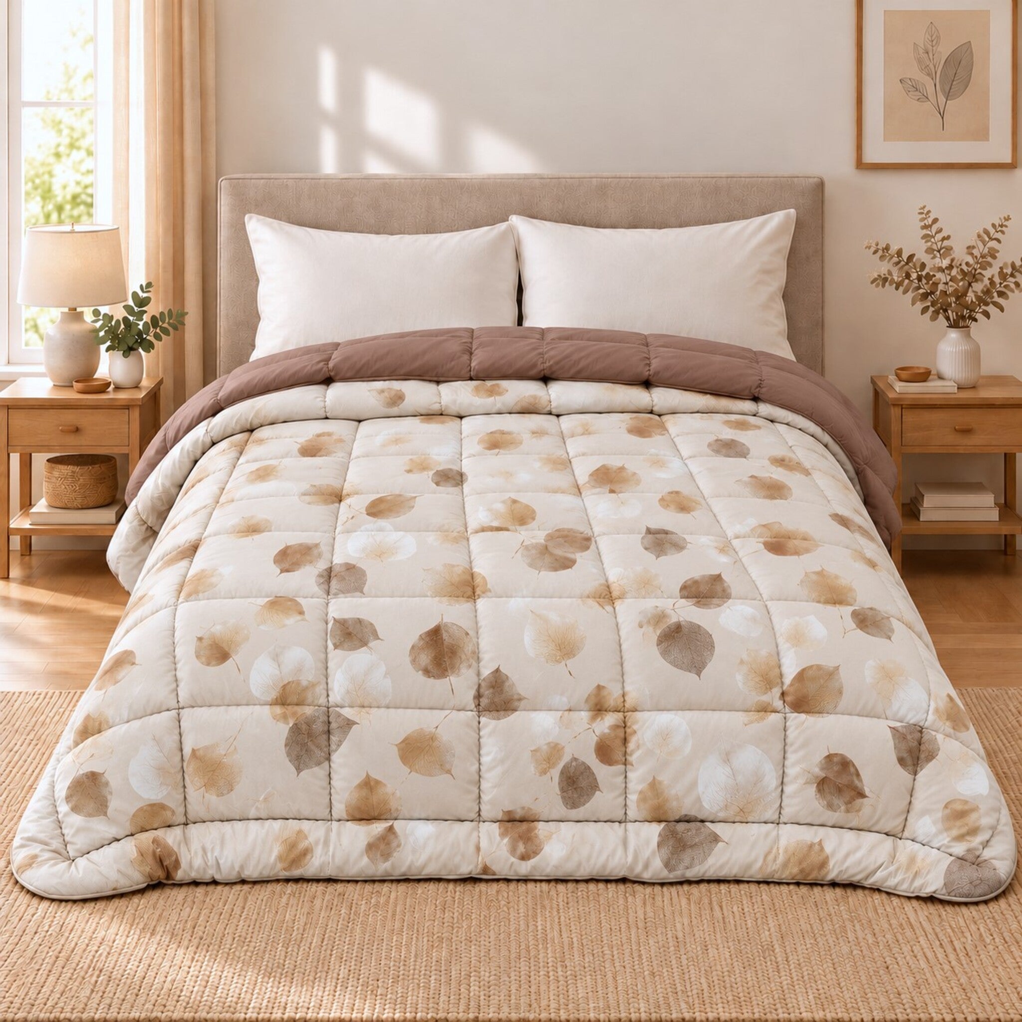 Trapunta matrimoniale Cogal 2622 Cognac sul letto, con foglie beige e marroni su fondo avorio e risvolto tinta unita.