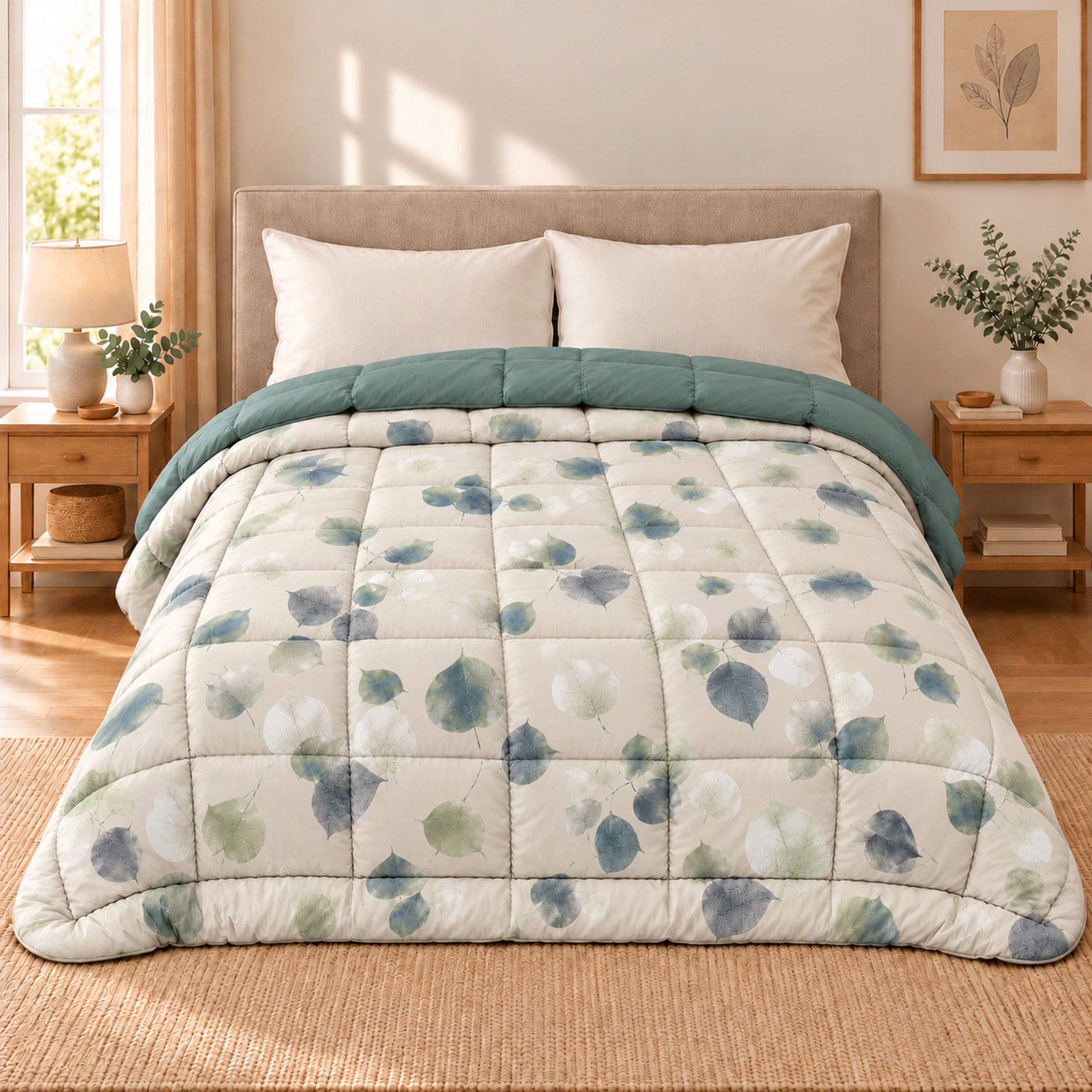 Trapunta matrimoniale Cogal 2622 Metal Blue sul letto, con foglie blu e verdi su fondo avorio e risvolto verde tinta unita.
