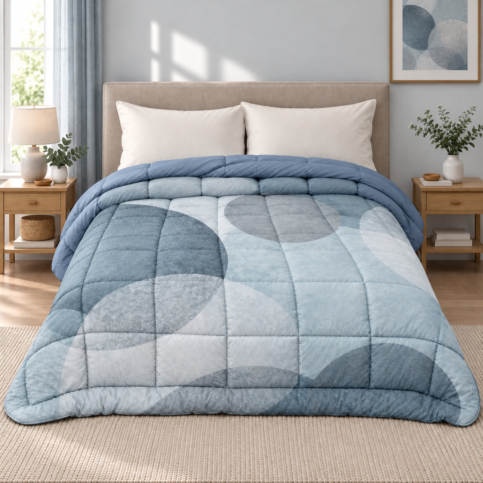 Trapunta matrimoniale Cogal 2669 Metal Blue sul letto, con forme circolari azzurre e grigie e risvolto blu tinta unita.