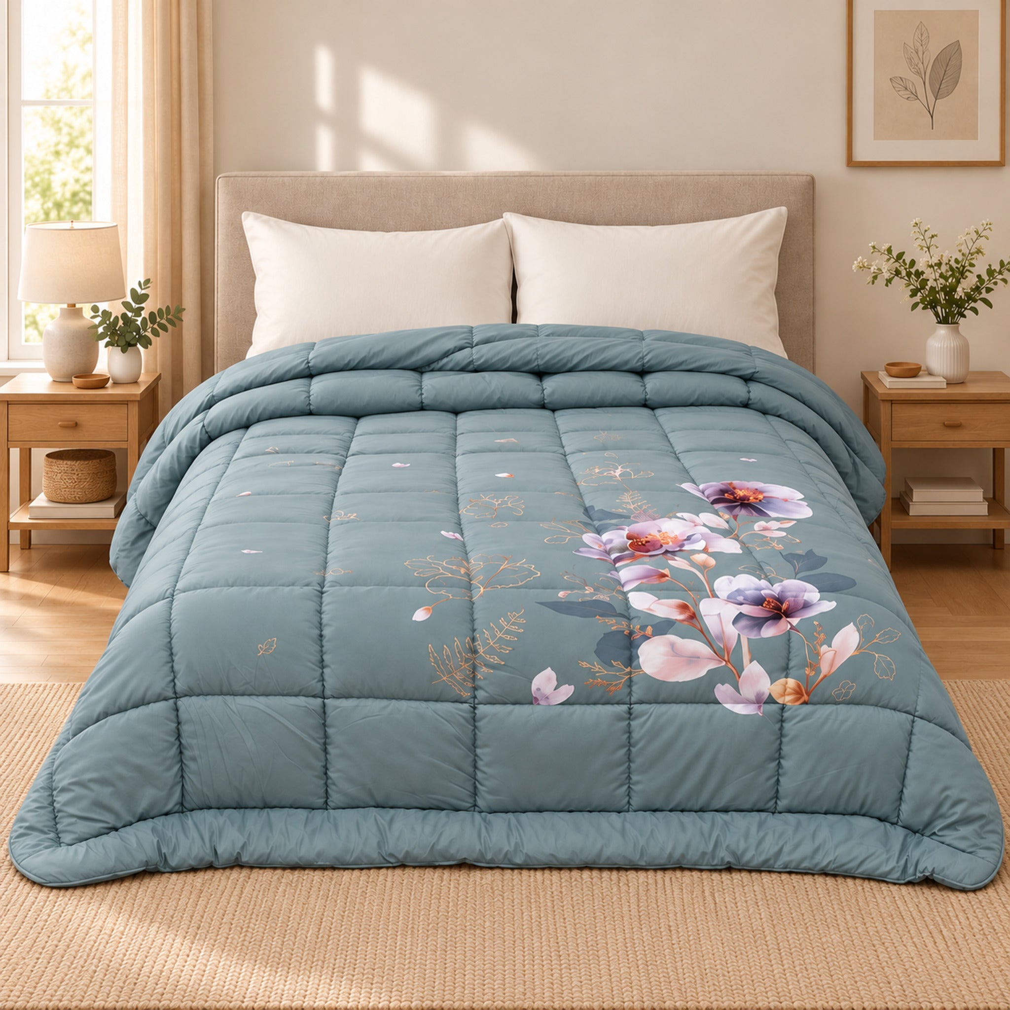 Trapunta matrimoniale Cogal 2673 verde su letto, con fantasia floreale lilla e rosa, trapuntatura a quadri e angoli arrotondati.