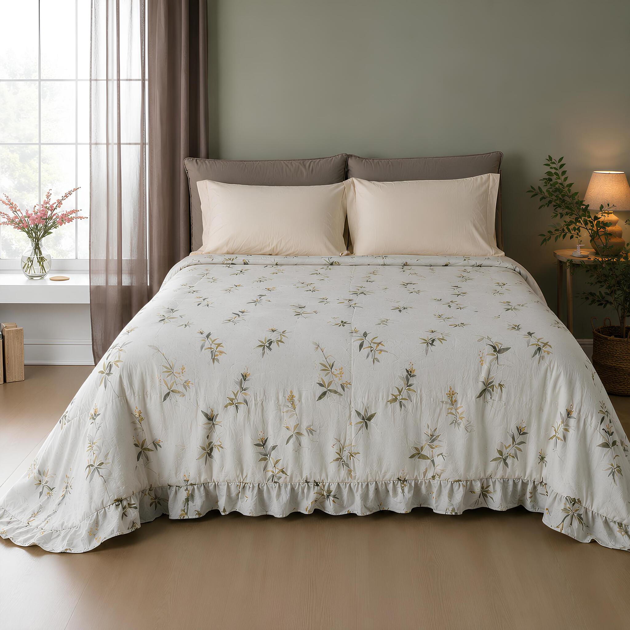 Trapunta matrimoniale Fancy Home Aspen Beige in microfibra Stone Washed misura 245x250 cm con fantasia botanica