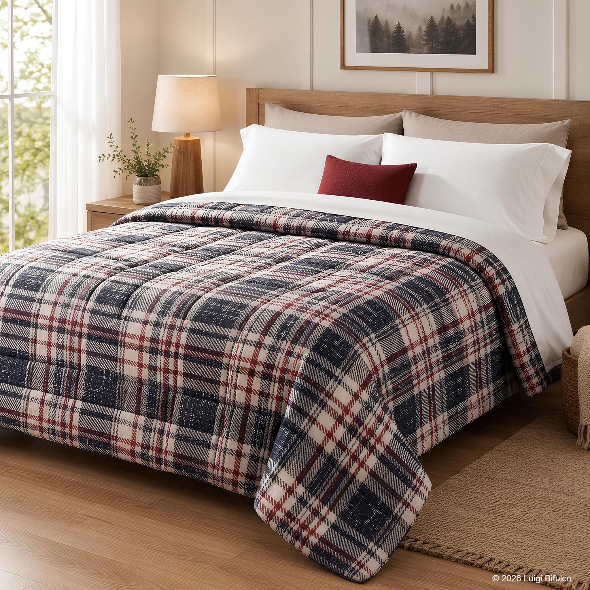 Trapunta matrimoniale Fancy Home Corvara 2 245x250 cm in microfibra fantasia scozzese rossa e blu