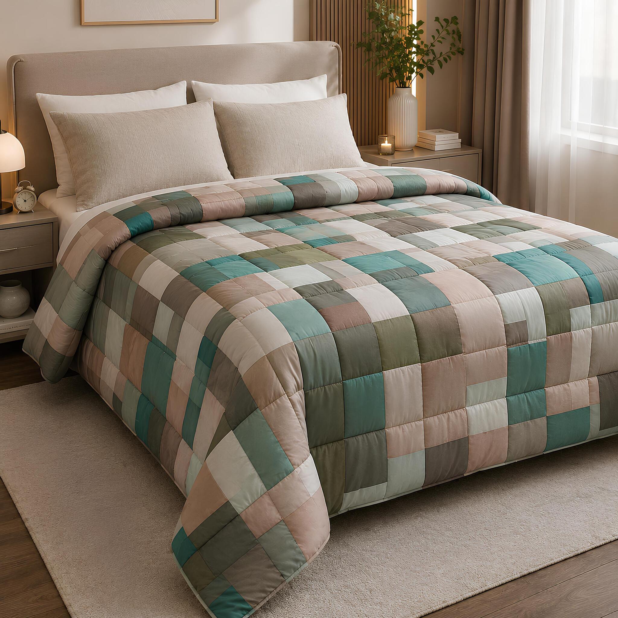 Trapunta matrimoniale Fancy Home Corvara 3 in microfibra 245x250 cm con fantasia geometrica verde salvia e beige